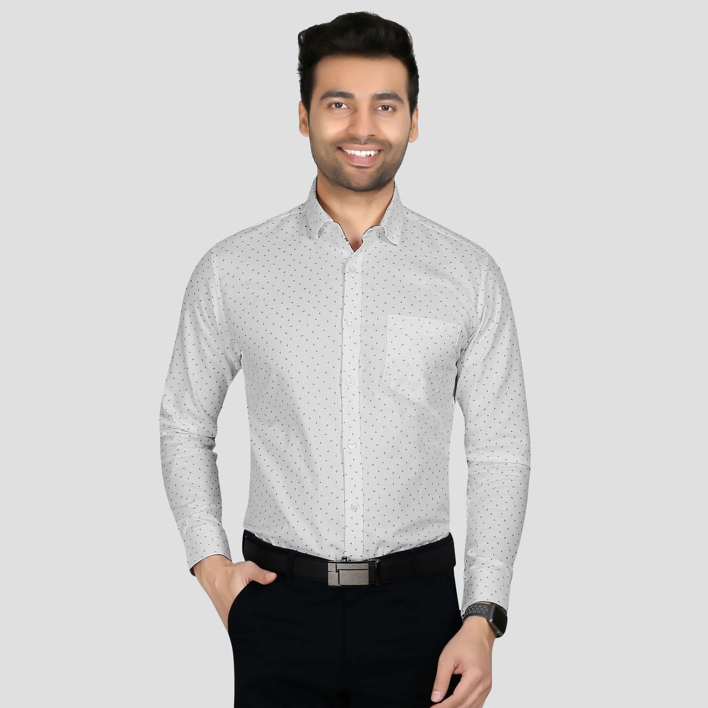 5thanfold Men's Formal Pure Cotton Full Sleeve Printed White Slim Fit Shirt