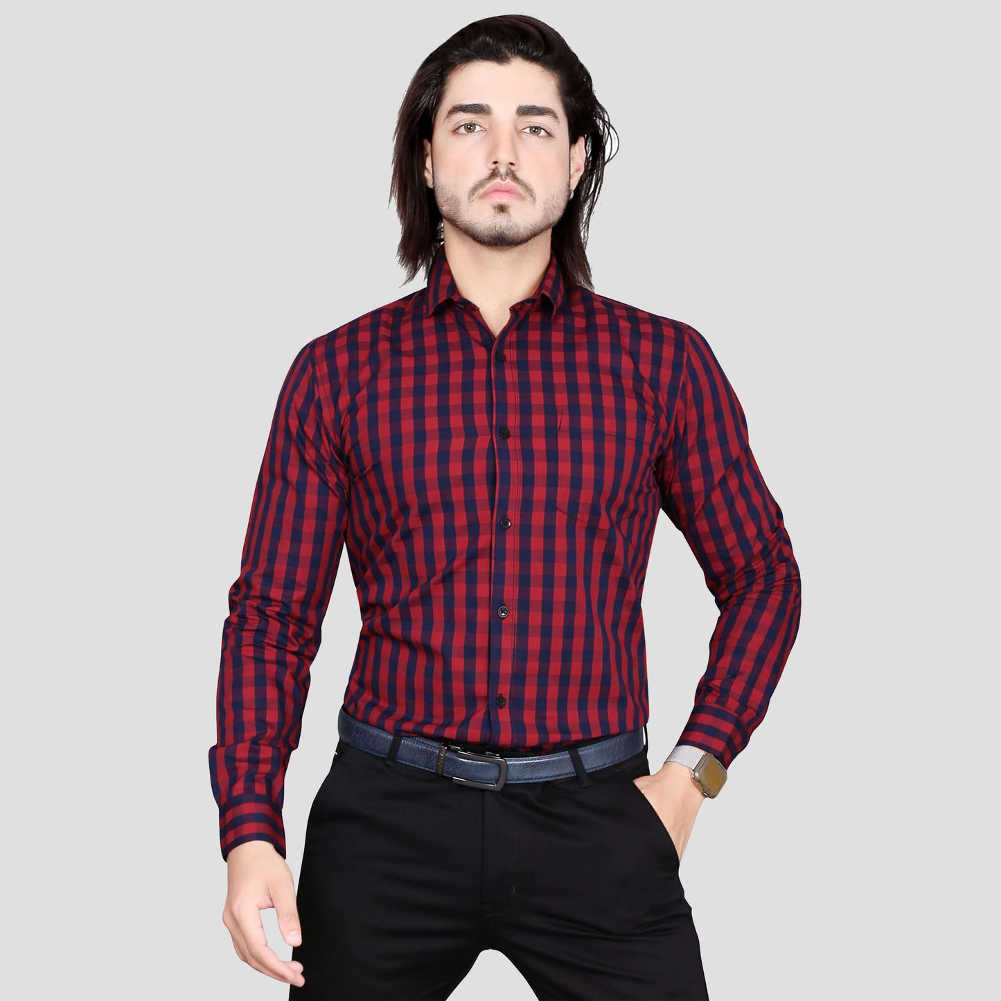 5thanfold Men's Formal Pure Cotton Full Sleeve Checkered Red Slim Fit Shirt