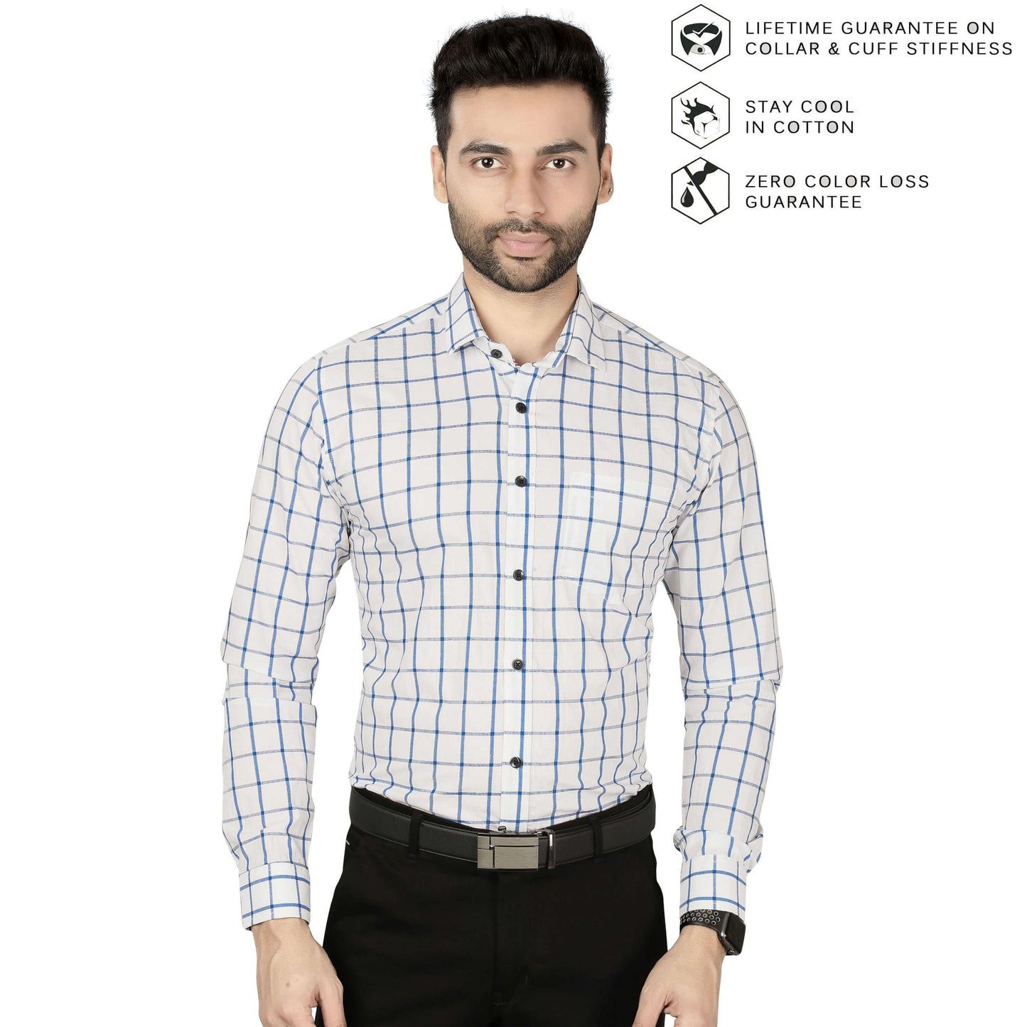 5thanfold Men's Formal Pure Cotton Full Sleeve Checkered White Regular Fit Shirt