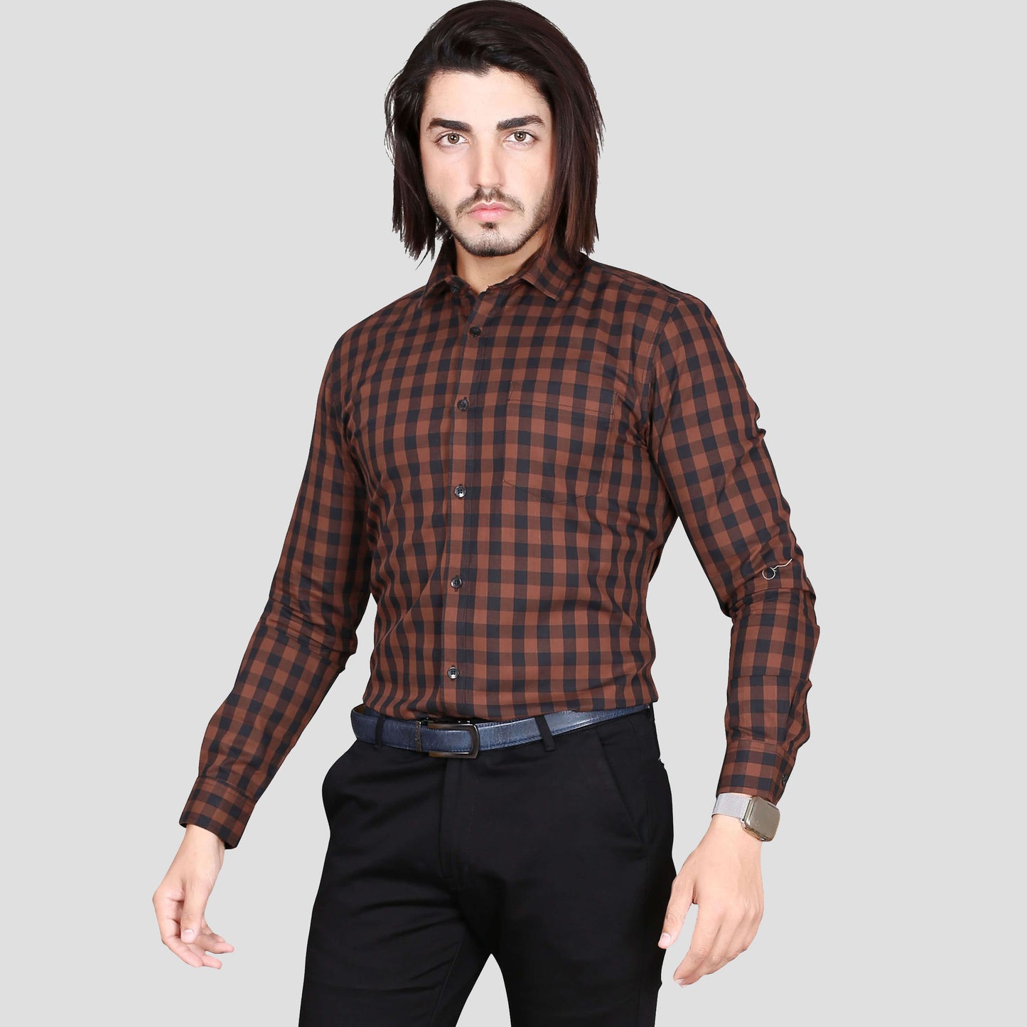 5thanfold Men's Formal Pure Cotton Full Sleeve Checkered Brown Slim Fit Shirt
