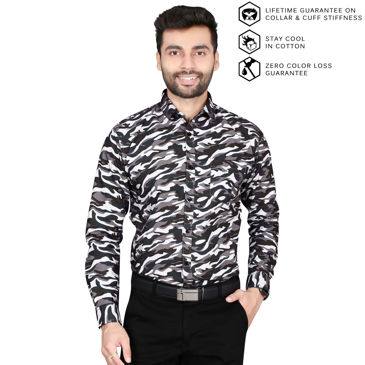 5thanfold Men's Formal Pure Cotton Full Sleeve Printed White Slim Fit Shirt