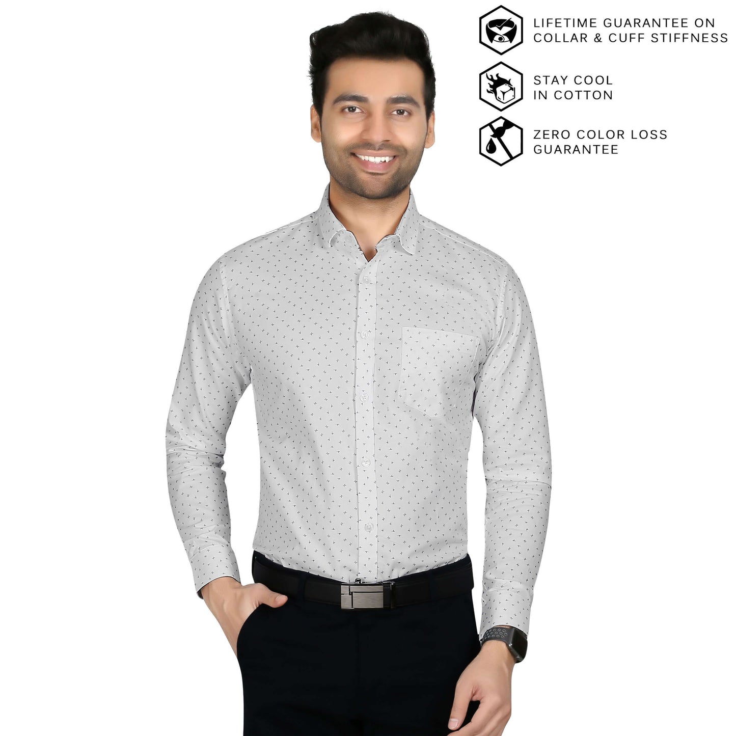 5thanfold Men's Formal Pure Cotton Full Sleeve Printed White Slim Fit Shirt