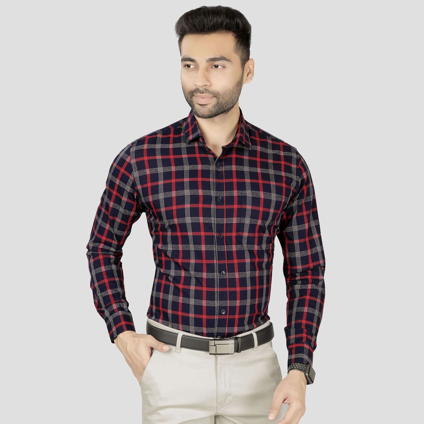 5thanfold Men's Formal Pure Cotton Full Sleeve Checkered Red Slim Fit Shirt