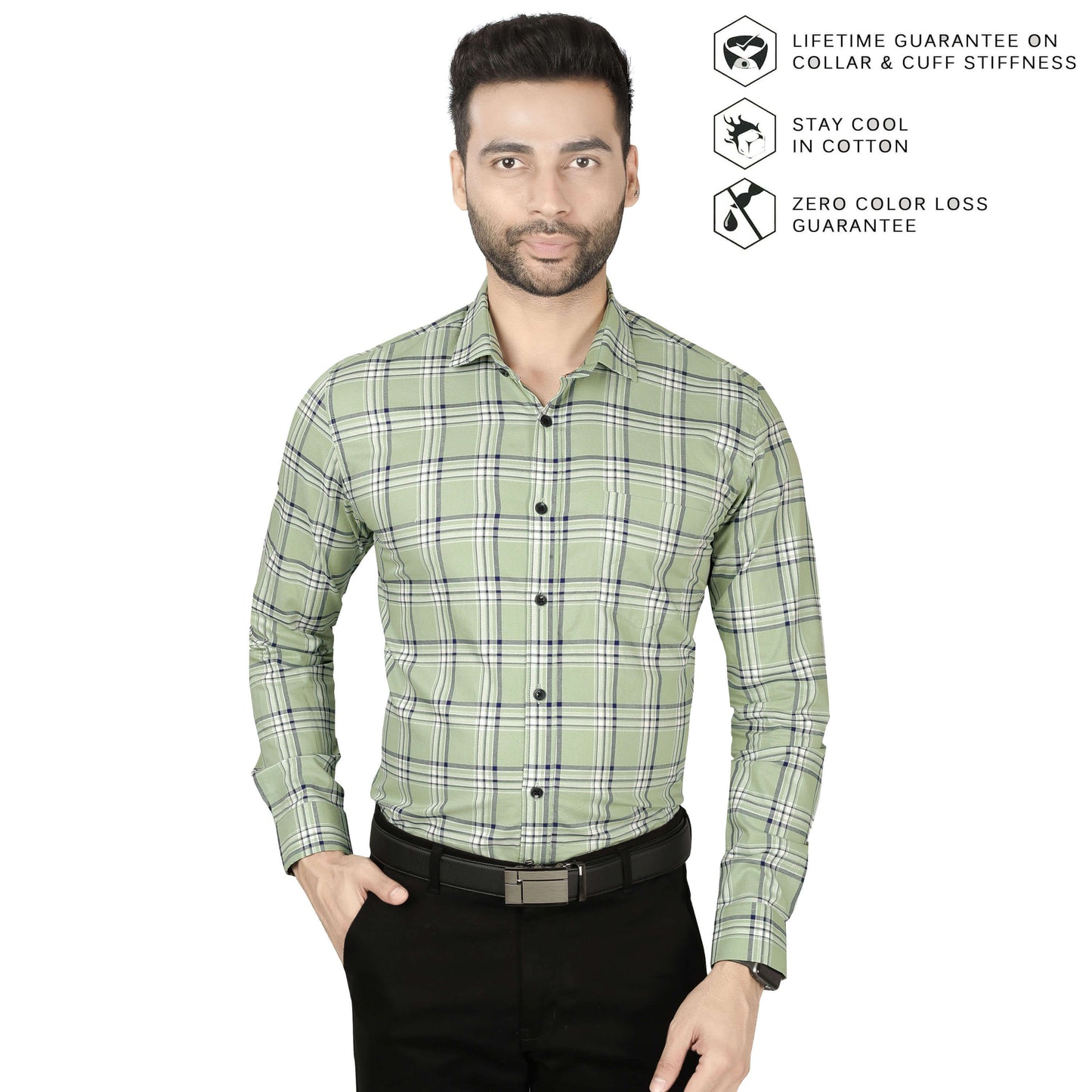 5thanfold Men's Formal Pure Cotton Full Sleeve Checkered Pista green Slim Fit Shirt