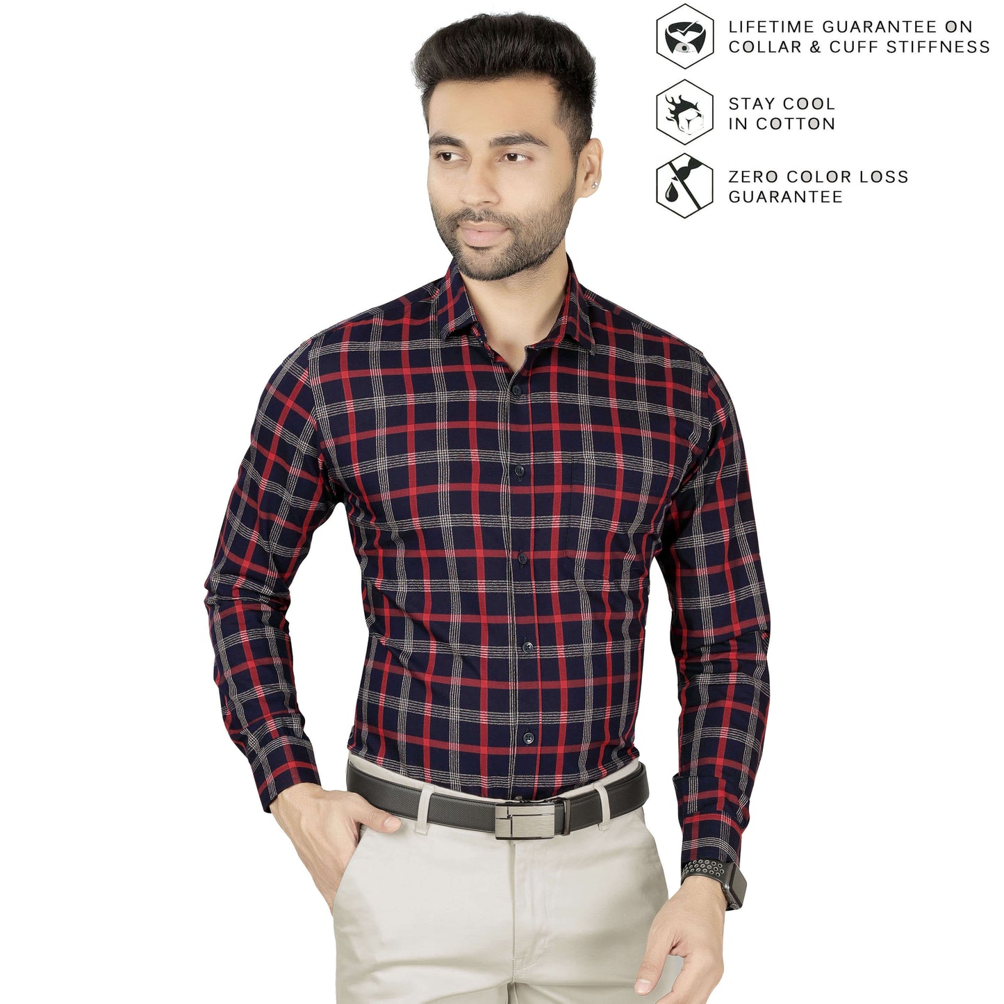 5thanfold Men's Formal Pure Cotton Full Sleeve Checkered Red Slim Fit Shirt