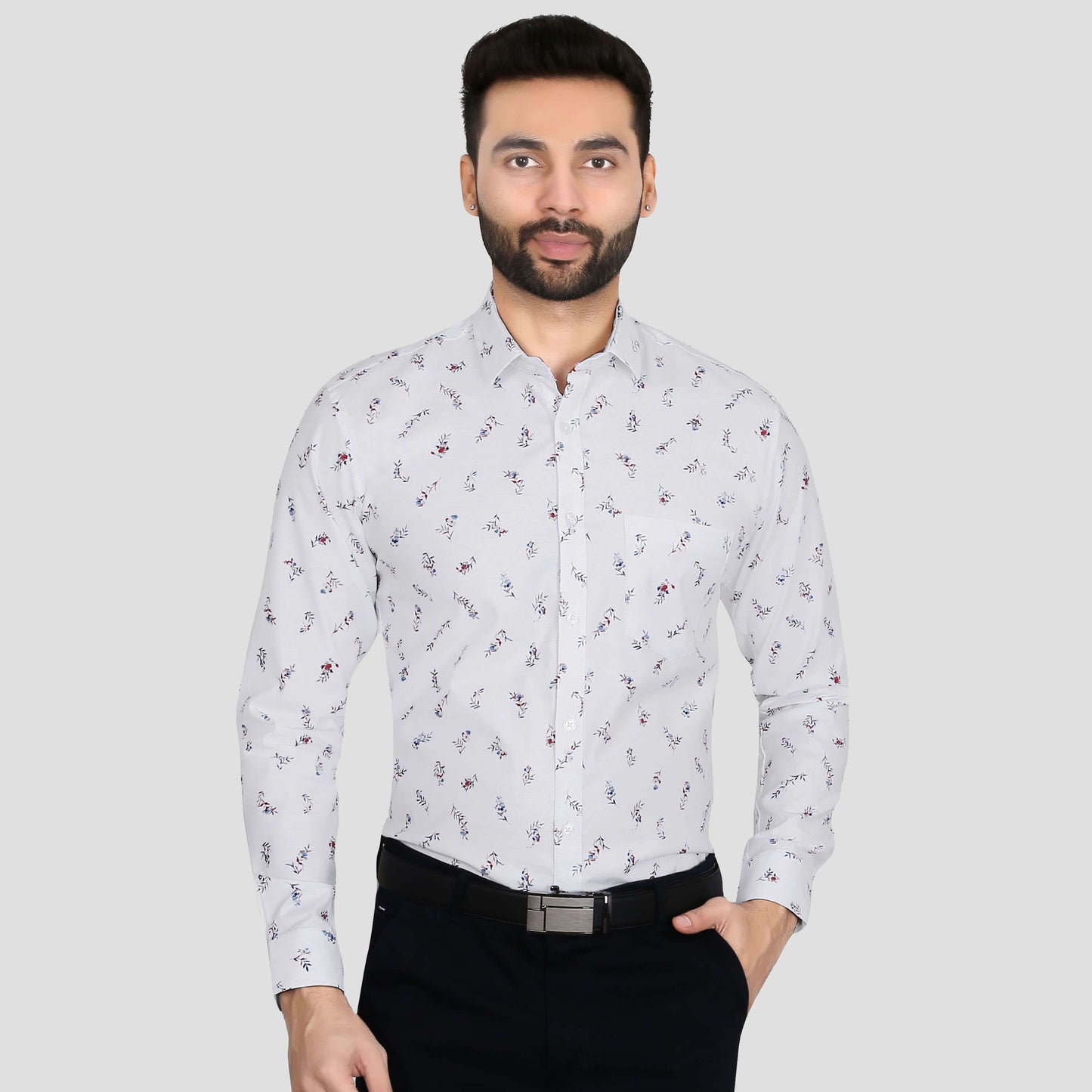 5thanfold Men's Formal Pure Cotton Full Sleeve Printed White Slim Fit Shirt