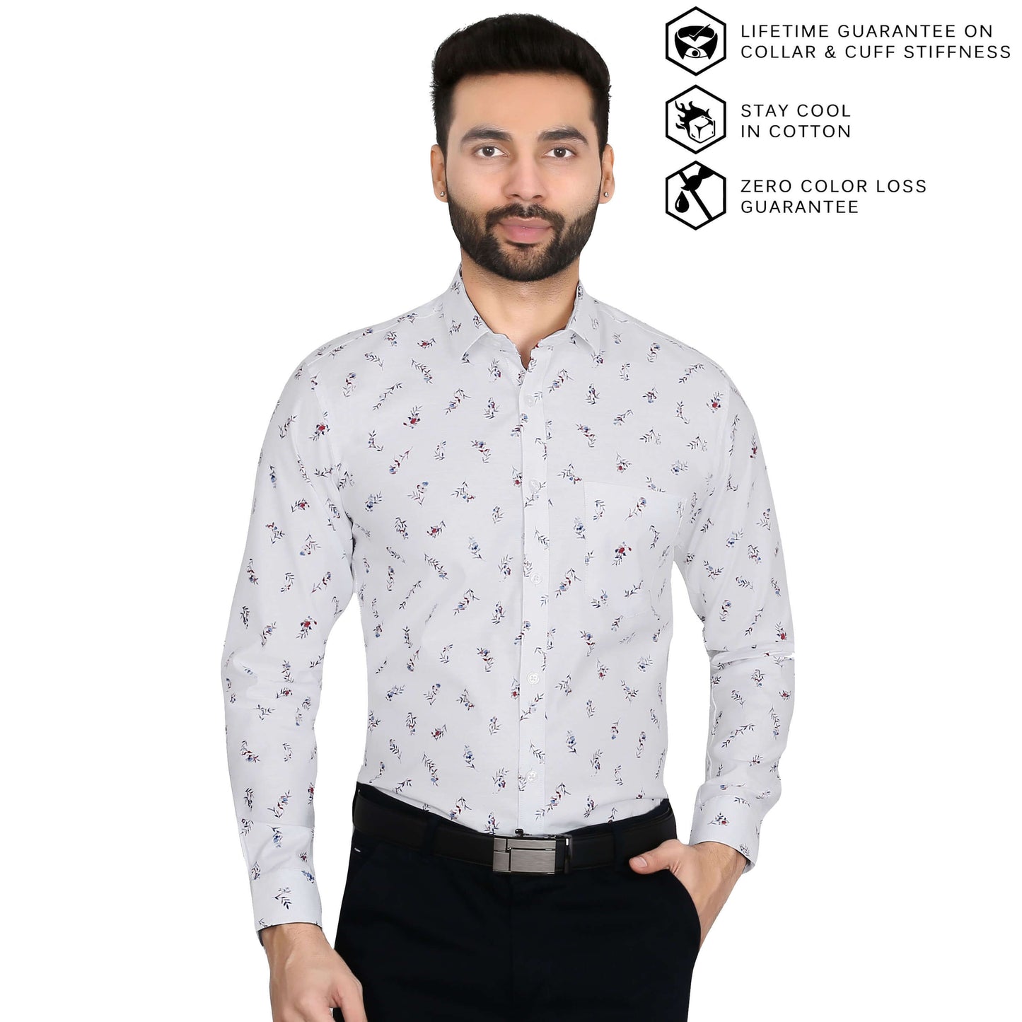5thanfold Men's Formal Pure Cotton Full Sleeve Printed White Slim Fit Shirt