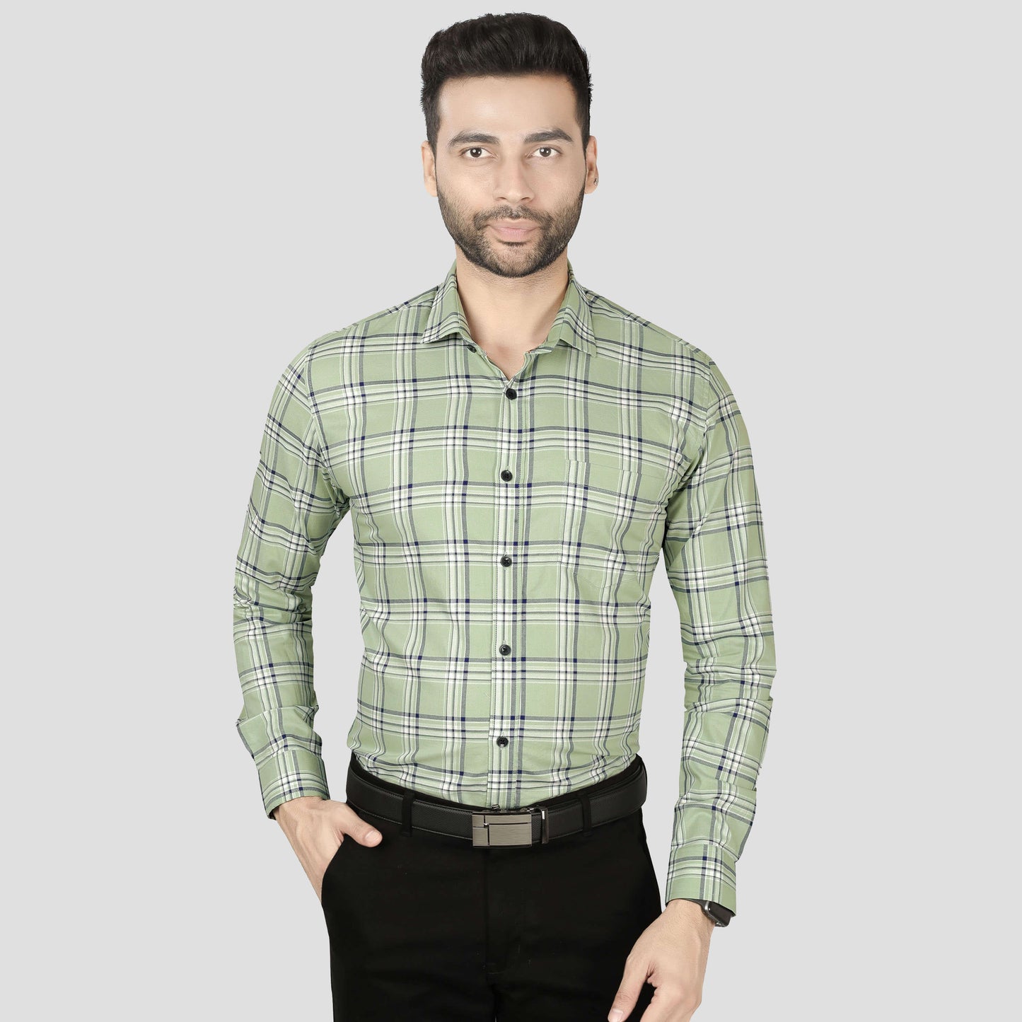 5thanfold Men's Formal Pure Cotton Full Sleeve Checkered Pista green Slim Fit Shirt