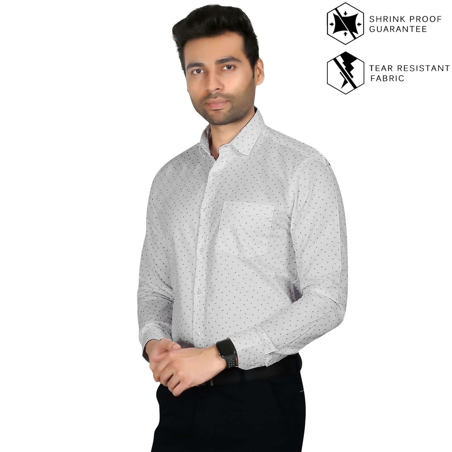 5thanfold Men's Formal Pure Cotton Full Sleeve Printed White Slim Fit Shirt