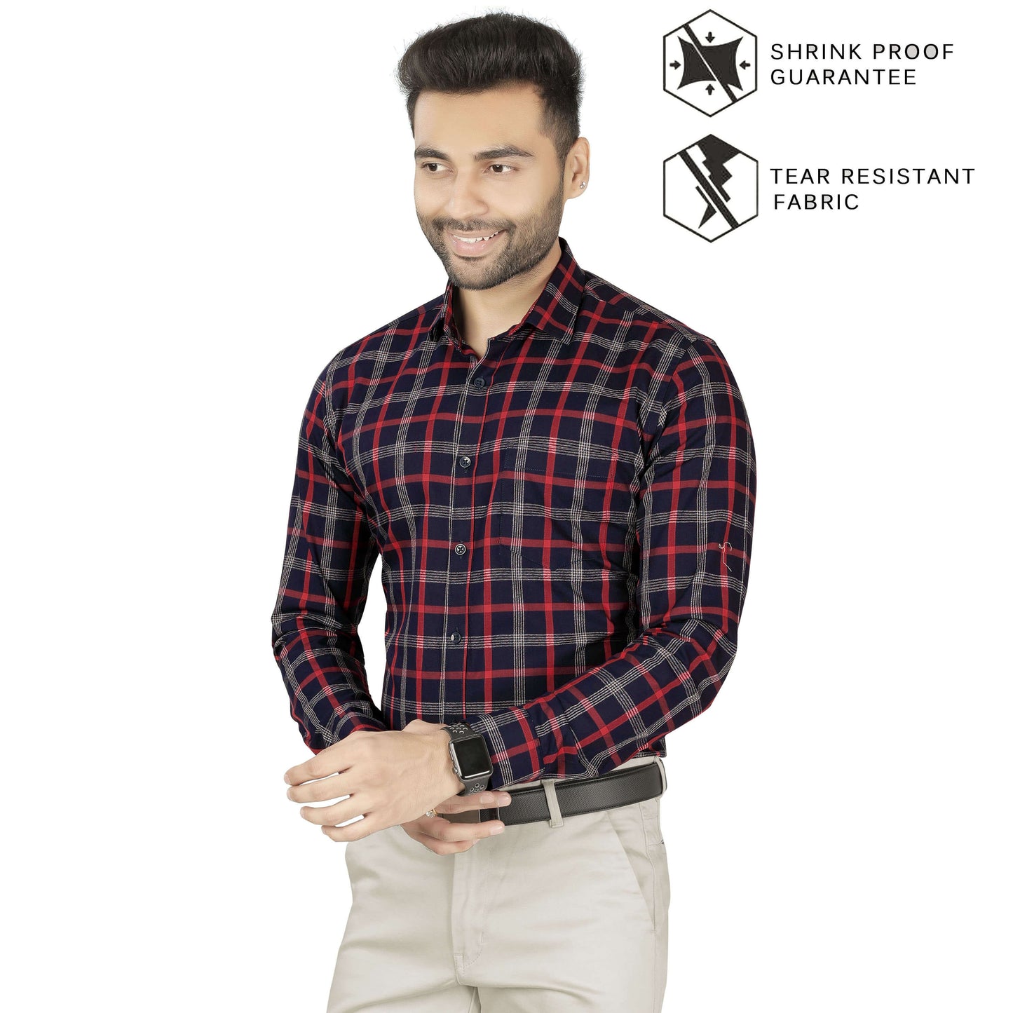 5thanfold Men's Formal Pure Cotton Full Sleeve Checkered Red Slim Fit Shirt