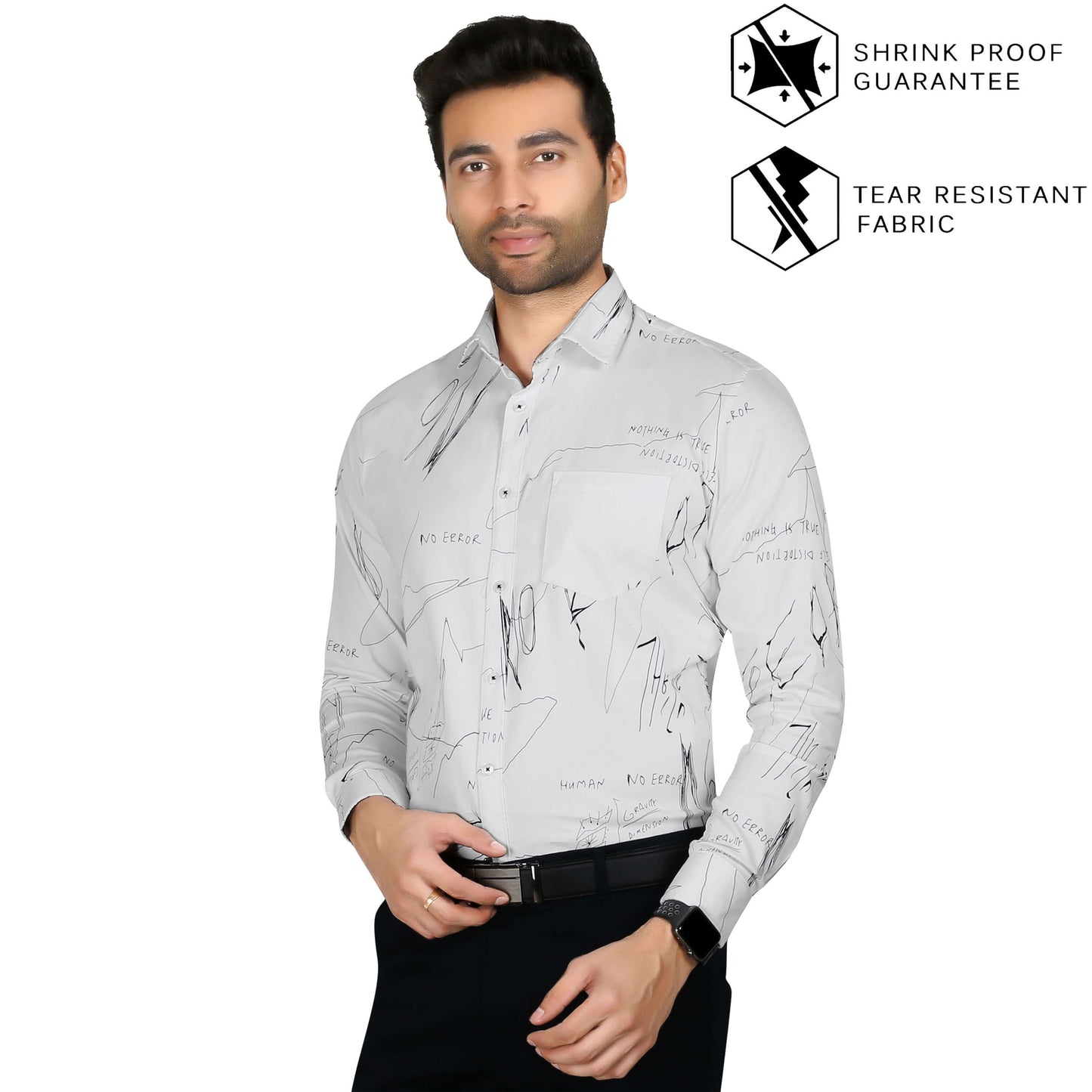 5thanfold Men's Formal Pure Cotton Full Sleeve Printed White Slim Fit Shirt
