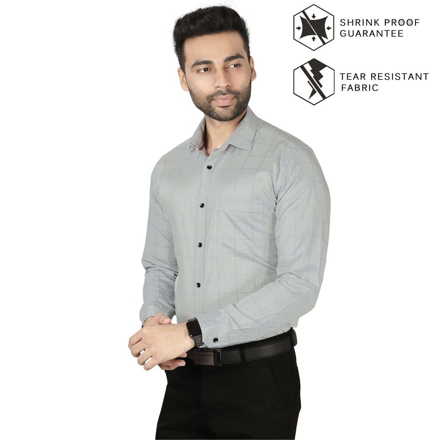 5thanfold Men's Formal Pure Cotton Full Sleeve Checkered Grey Slim Fit Shirt