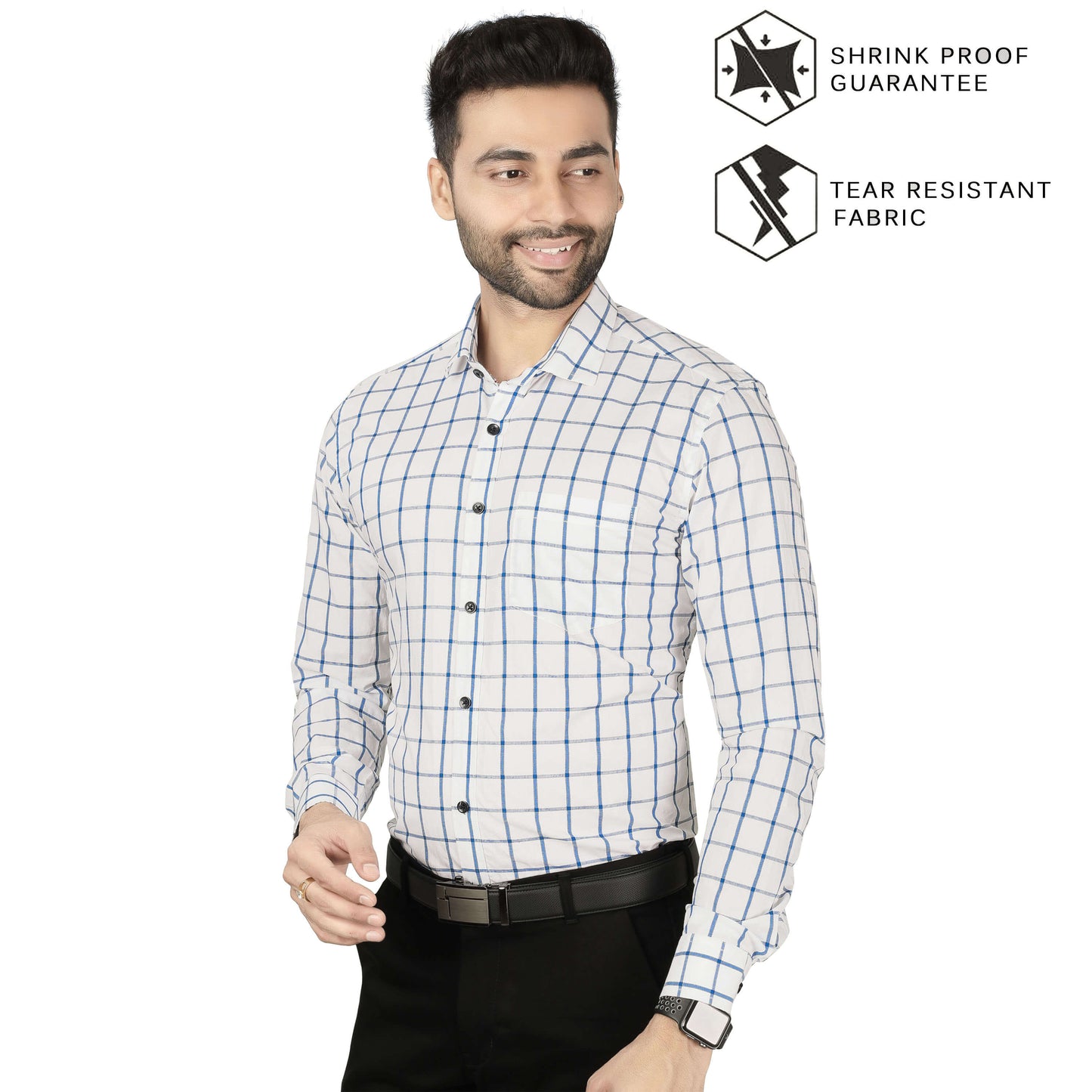 5thanfold Men's Formal Pure Cotton Full Sleeve Checkered White Regular Fit Shirt