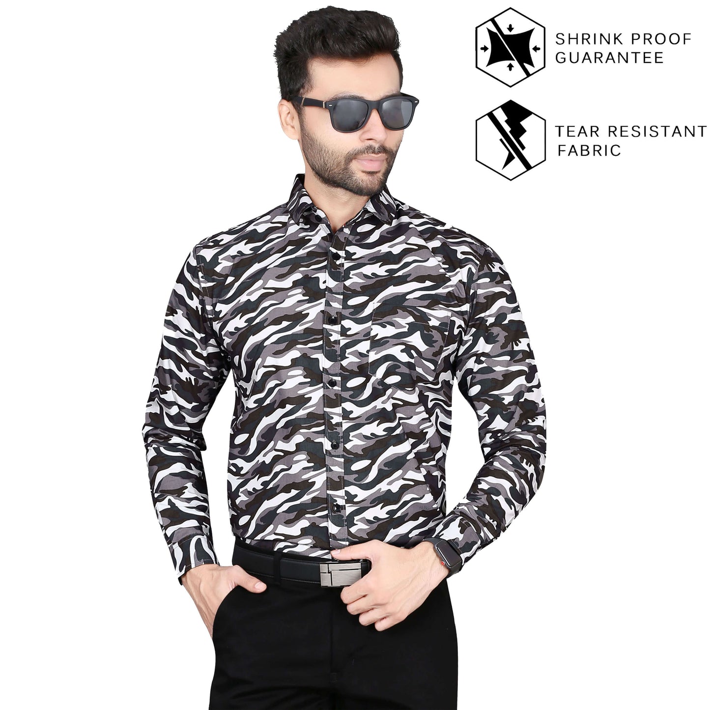 5thanfold Men's Formal Pure Cotton Full Sleeve Printed White Slim Fit Shirt