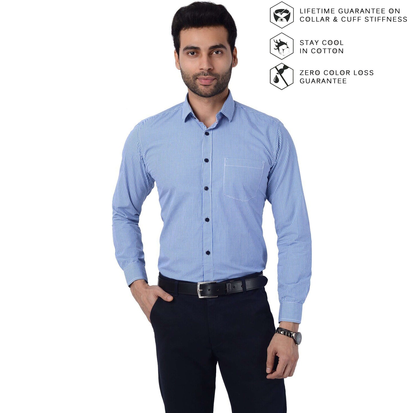 5thanfold Men's Formal Pure Cotton Full Sleeve Checkered Blue Slim Fit Shirt