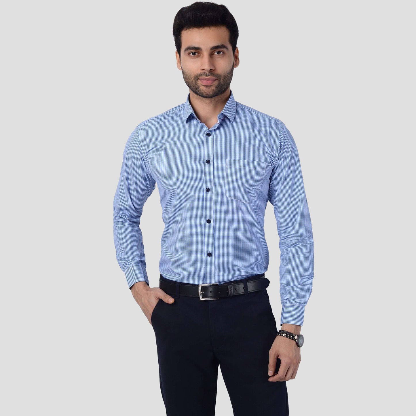 5thanfold Men's Formal Pure Cotton Full Sleeve Checkered Blue Slim Fit Shirt