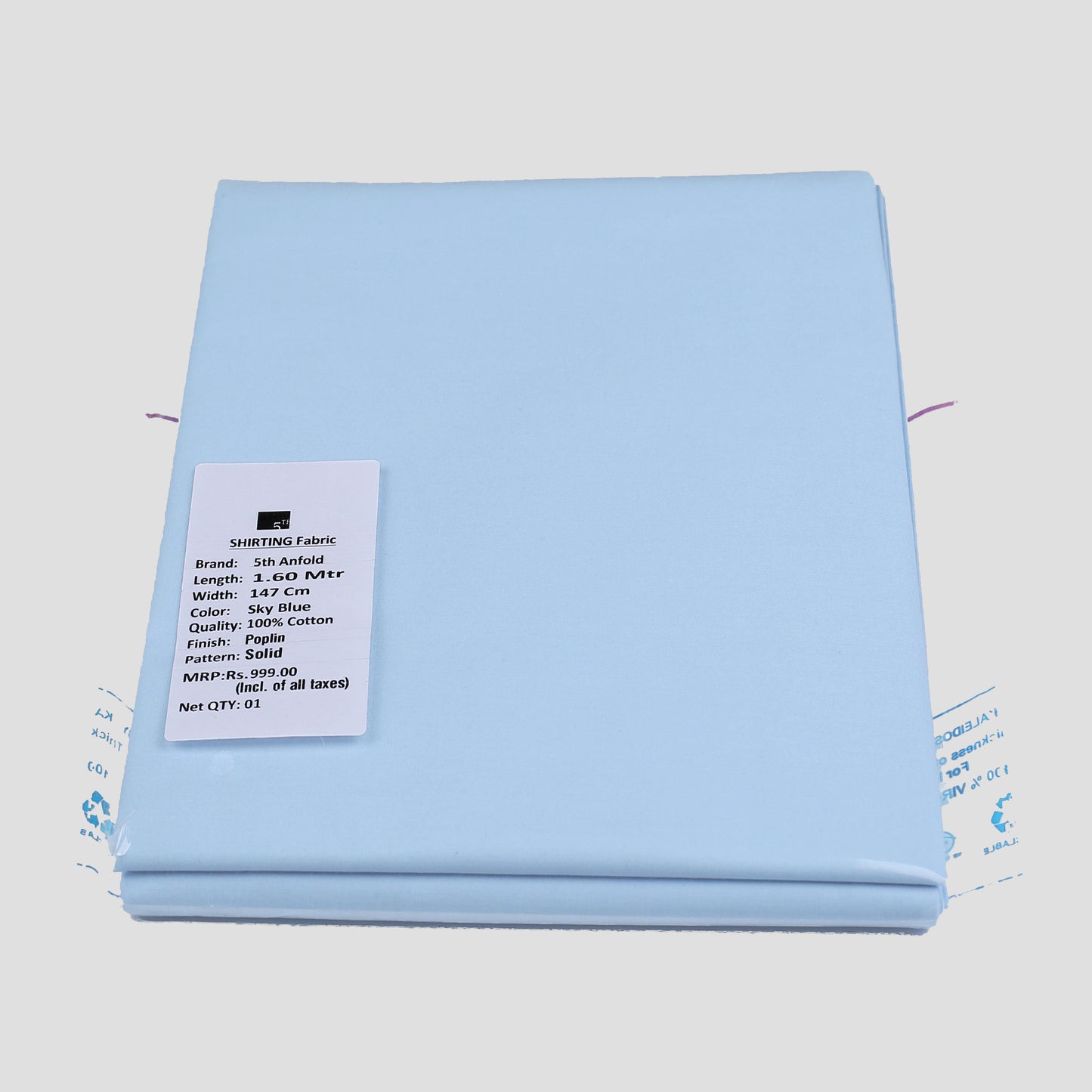 lightblue unstitched mill made 100% cotton full width shirt piece for one full sleev shirt