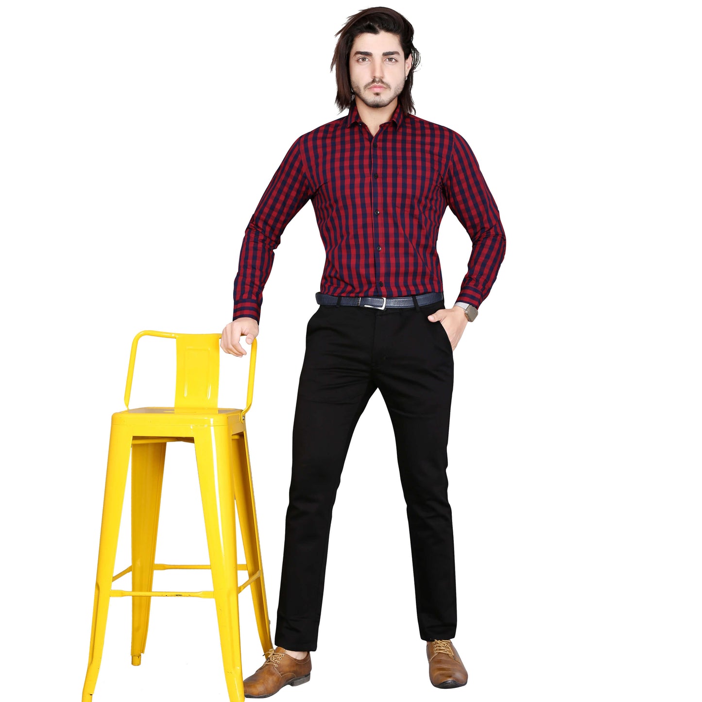 5thanfold Men's Formal Pure Cotton Full Sleeve Checkered Red Slim Fit Shirt
