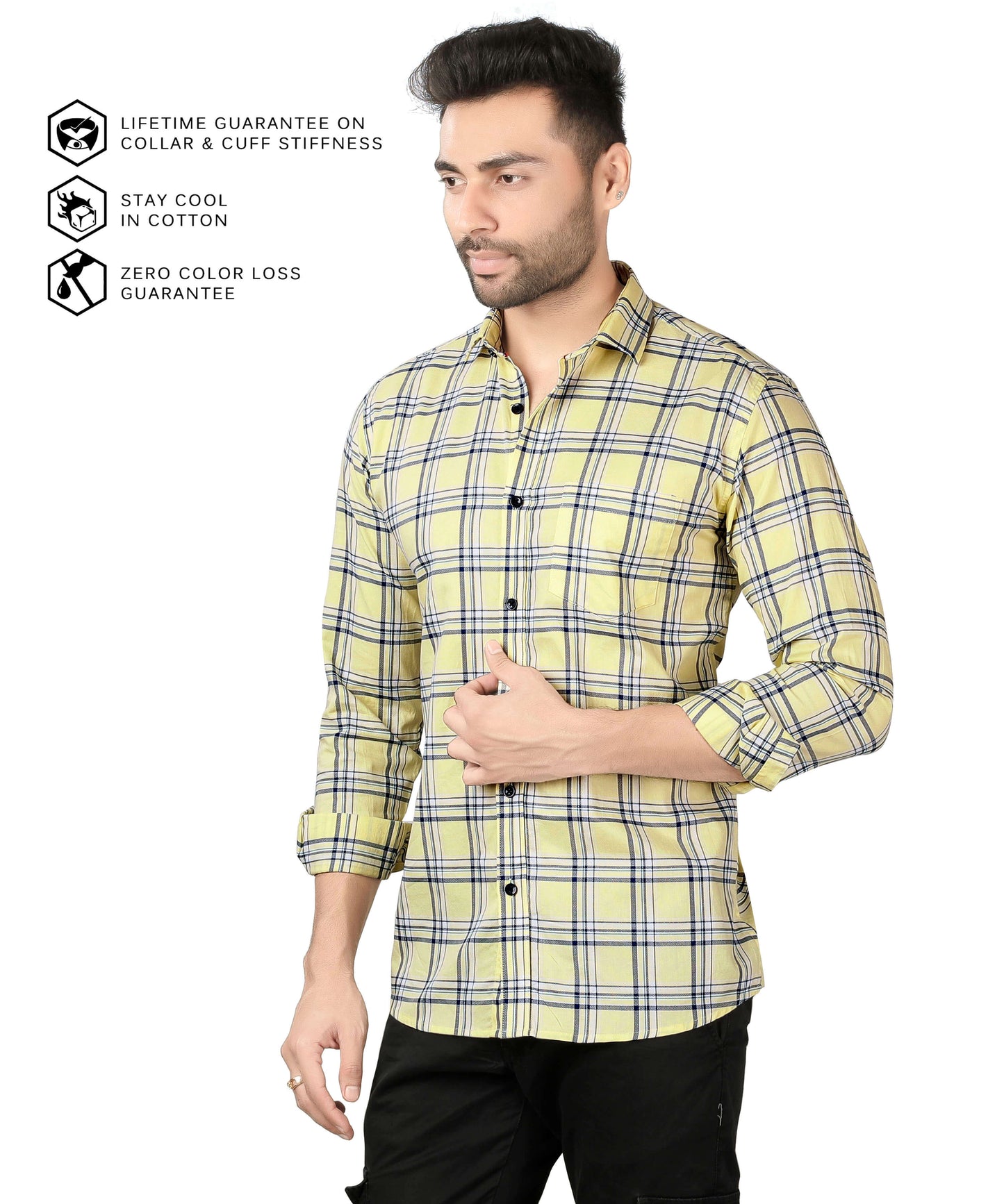 5thanfold Men's Casual Pure Cotton Full Sleeve Checkered Yellow Slim Fit Shirt