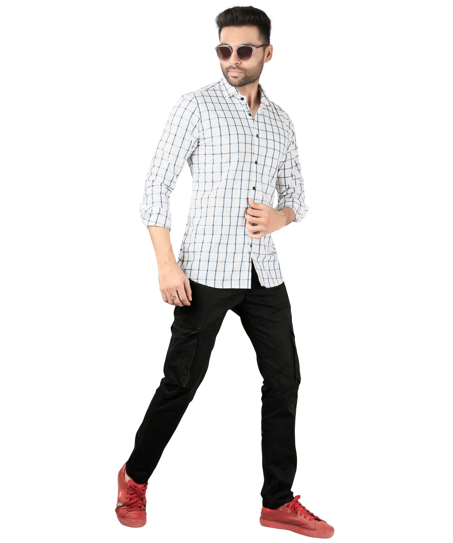 5thanfold Men's Casual Pure Cotton Full Sleeve Checkered White Regular Fit Shirt