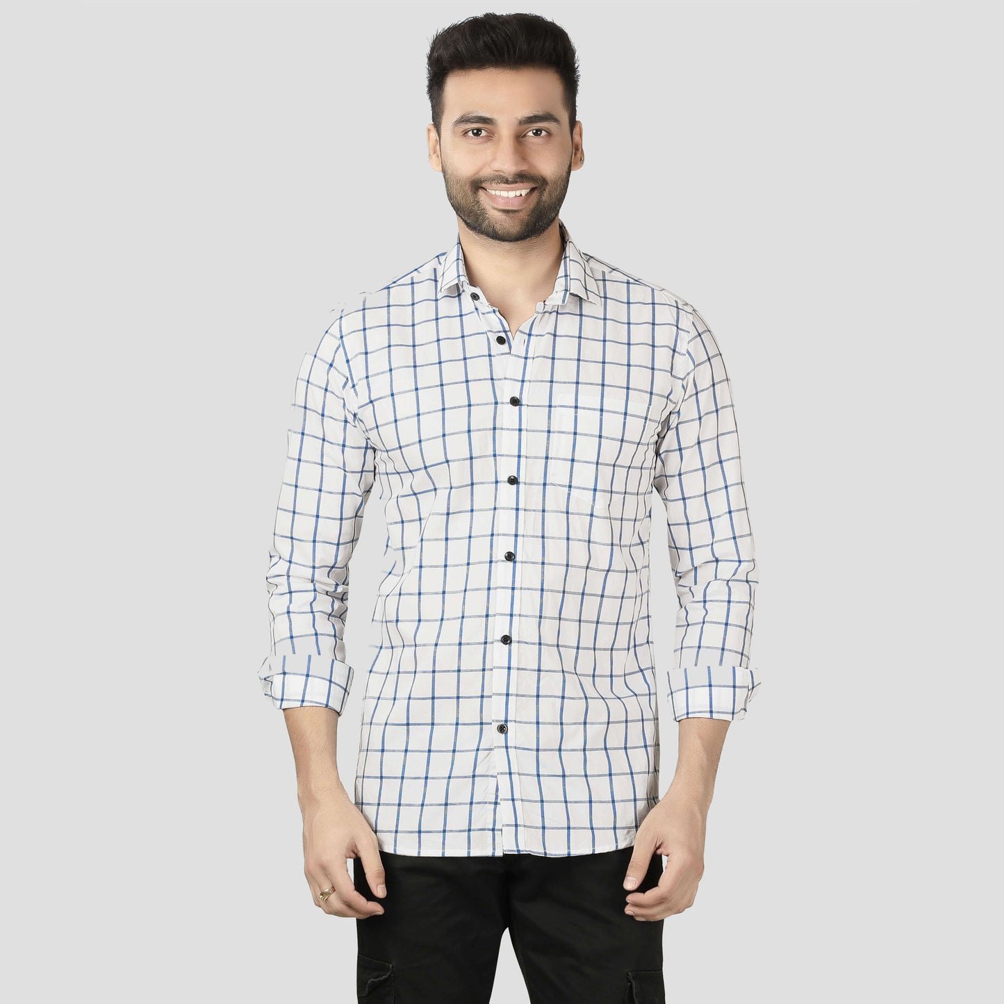 5thanfold Men's Casual Pure Cotton Full Sleeve Checkered White Regular Fit Shirt