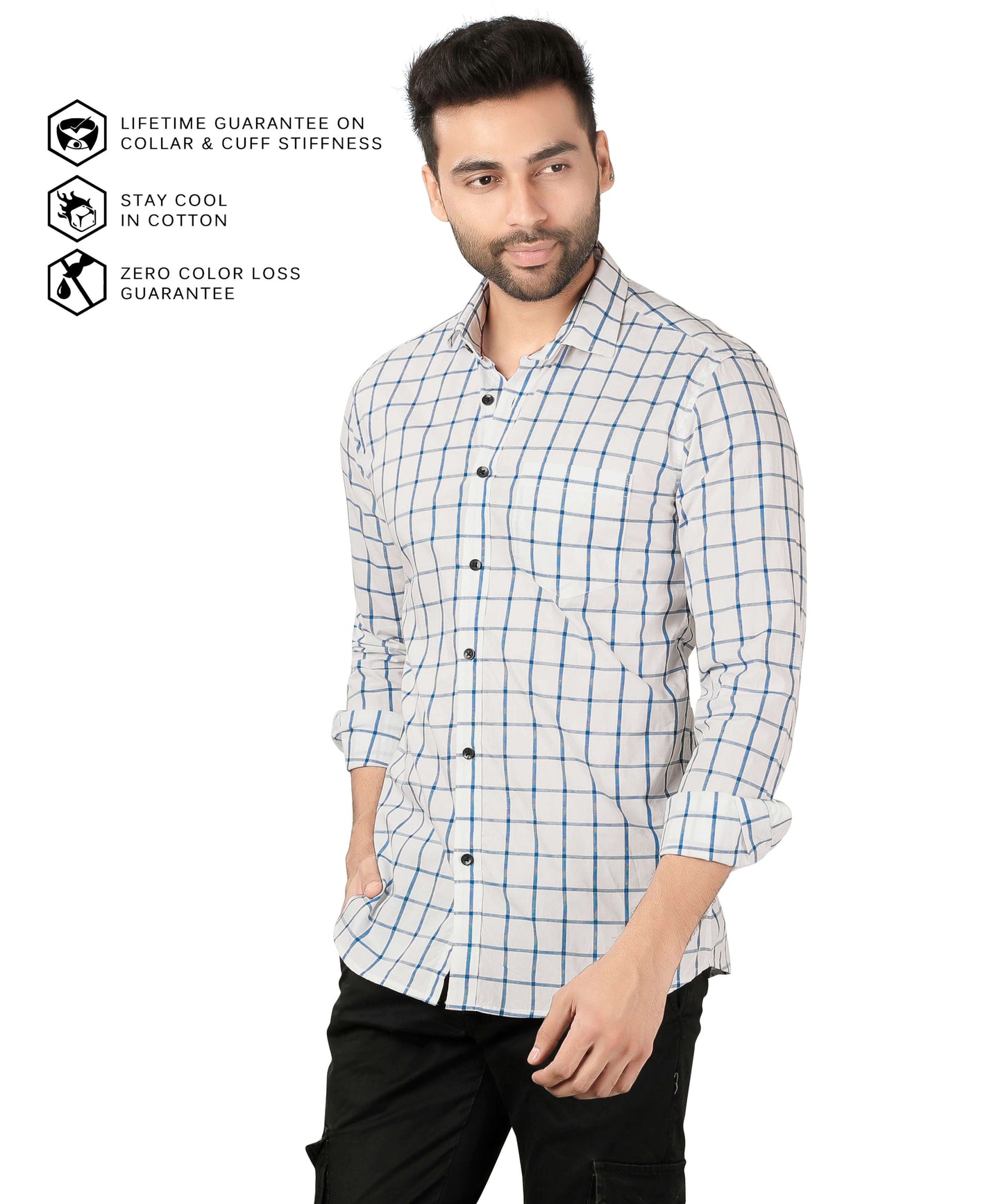 5thanfold Men's Casual Pure Cotton Full Sleeve Checkered White Regular Fit Shirt