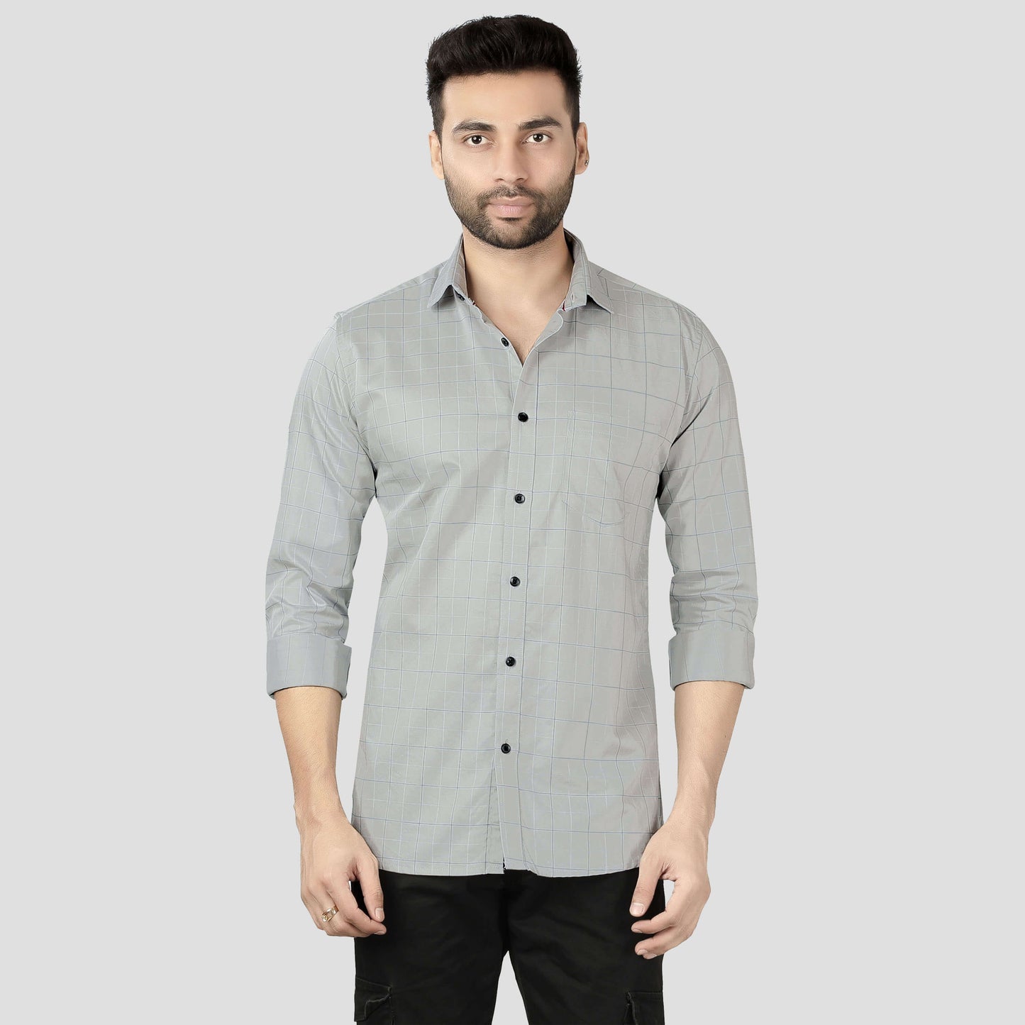 5thanfold Men's Casual Pure Cotton Full Sleeve Checkered Grey Slim Fit Shirt