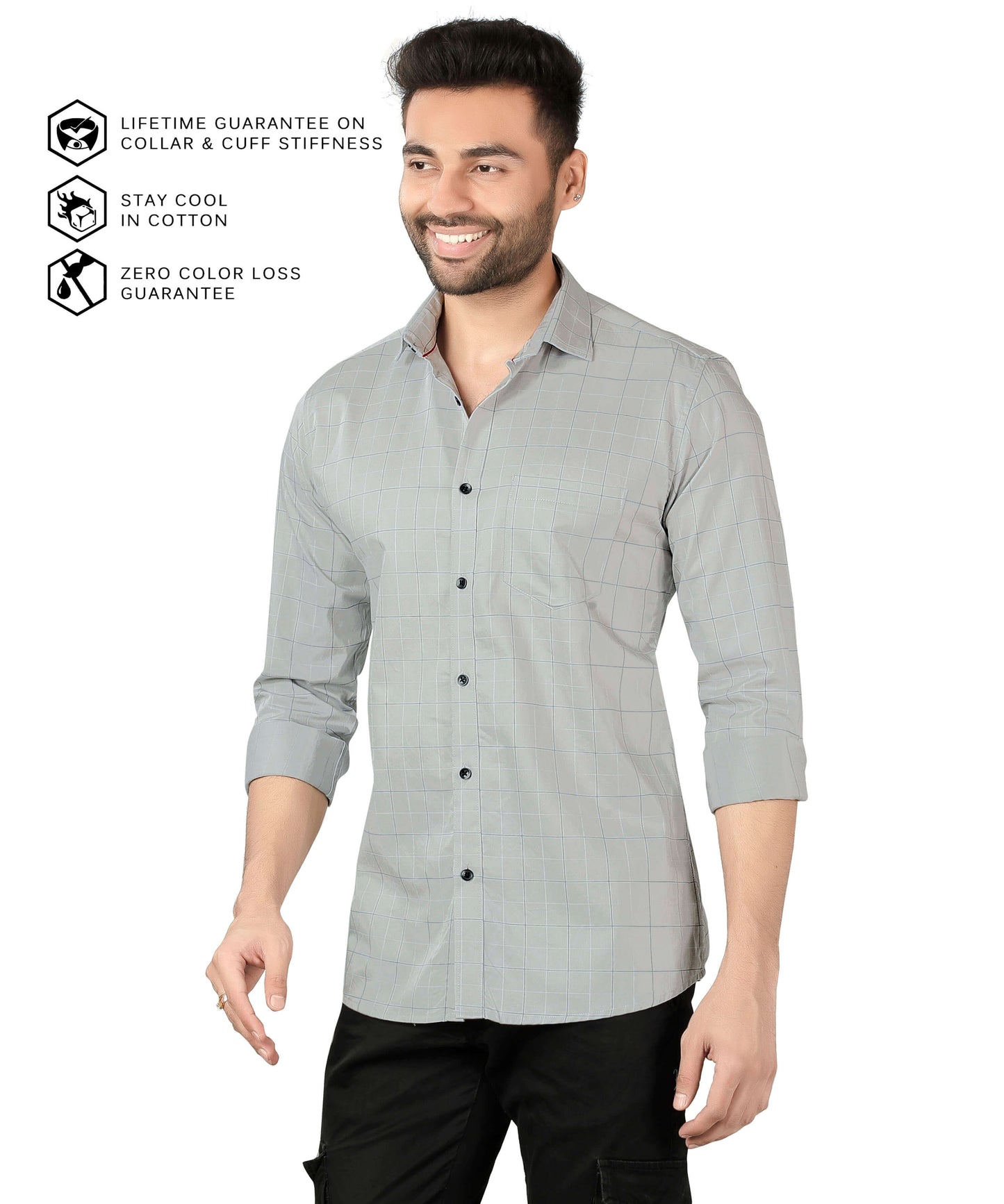 5thanfold Men's Casual Pure Cotton Full Sleeve Checkered Grey Slim Fit Shirt