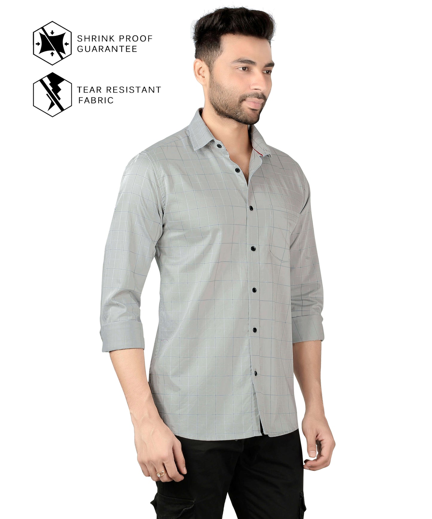 5thanfold Men's Casual Pure Cotton Full Sleeve Checkered Grey Slim Fit Shirt