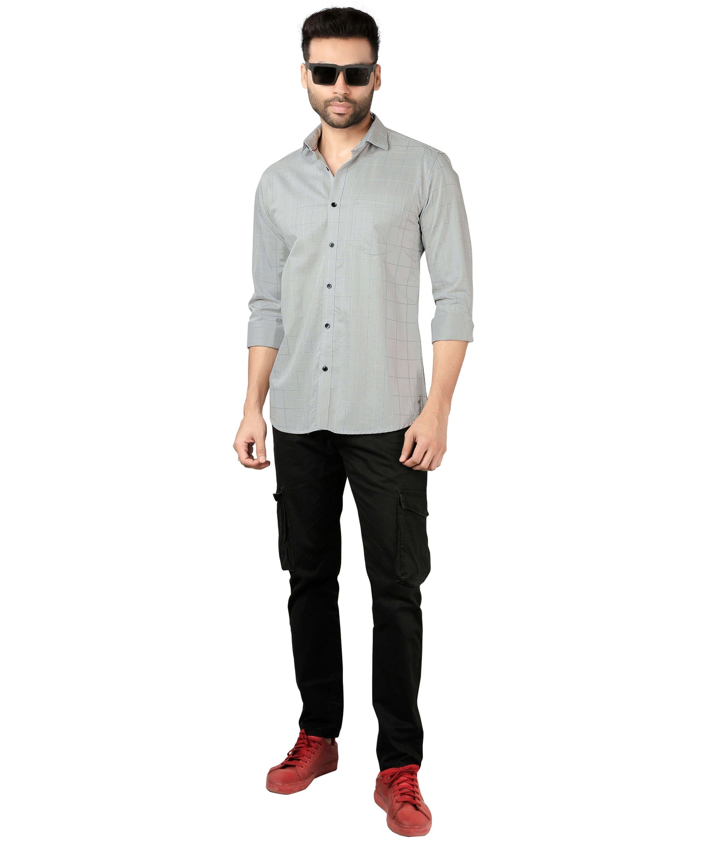 5thanfold Men's Casual Pure Cotton Full Sleeve Checkered Grey Slim Fit Shirt