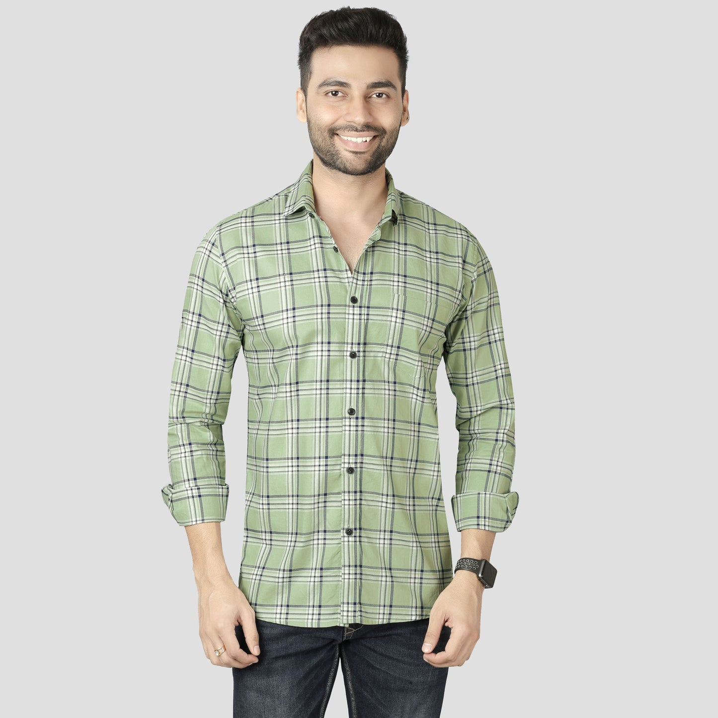 5thanfold Men's Casual Pure Cotton Full Sleeve Checkered Pista green Slim Fit Shirt