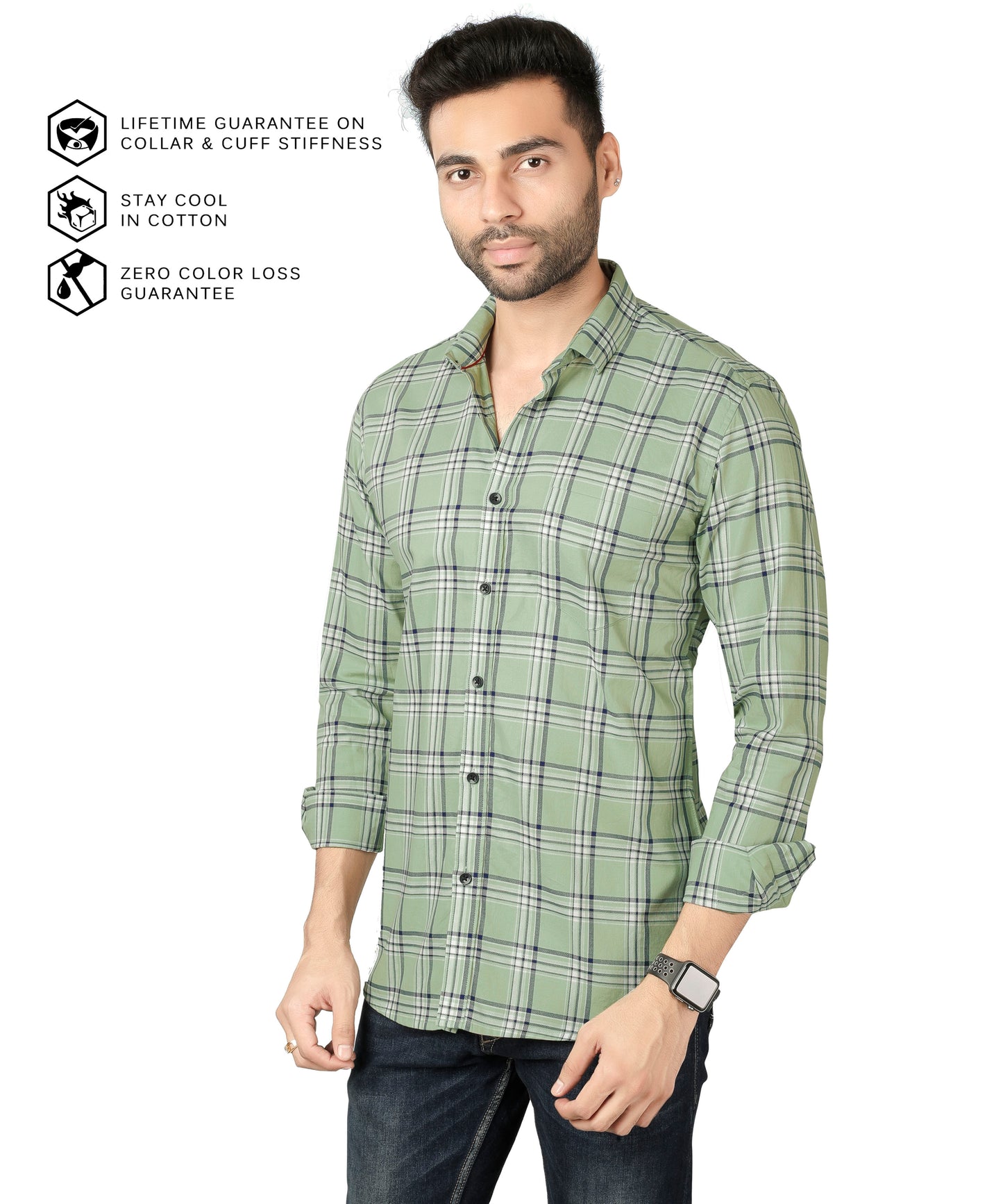 5thanfold Men's Casual Pure Cotton Full Sleeve Checkered Pista green Slim Fit Shirt