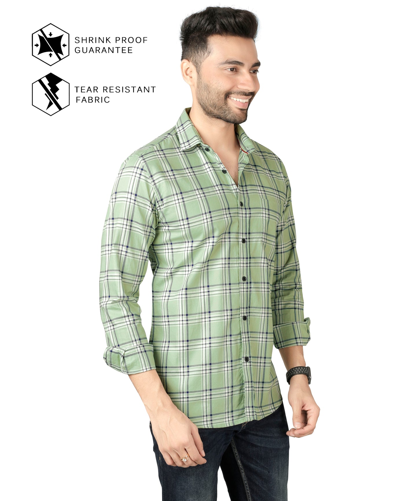 5thanfold Men's Casual Pure Cotton Full Sleeve Checkered Pista green Slim Fit Shirt