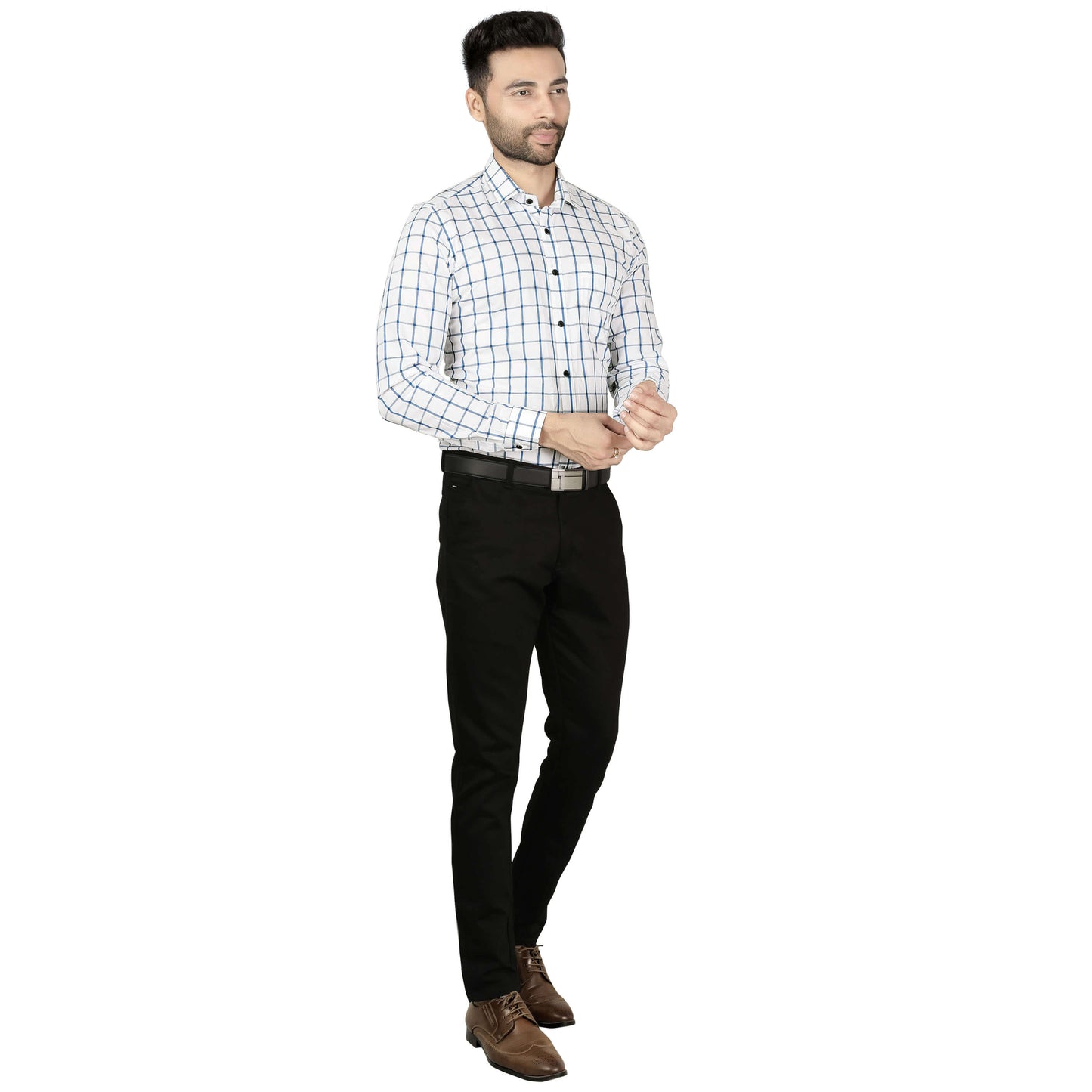 5thanfold Men's Formal Pure Cotton Full Sleeve Checkered White Regular Fit Shirt