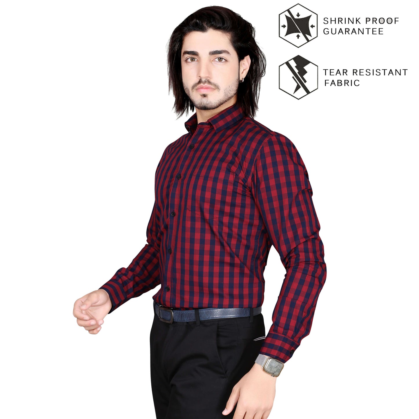 5thanfold Men's Formal Pure Cotton Full Sleeve Checkered Red Slim Fit Shirt
