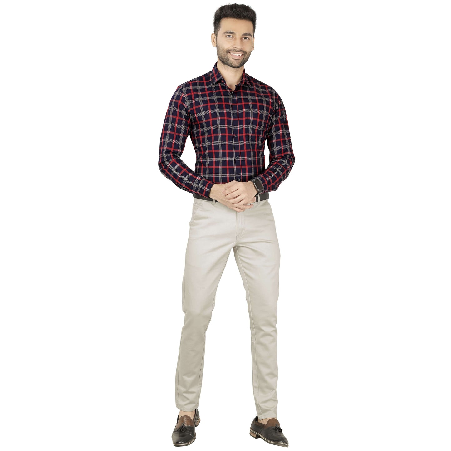 5thanfold Men's Formal Pure Cotton Full Sleeve Checkered Red Slim Fit Shirt