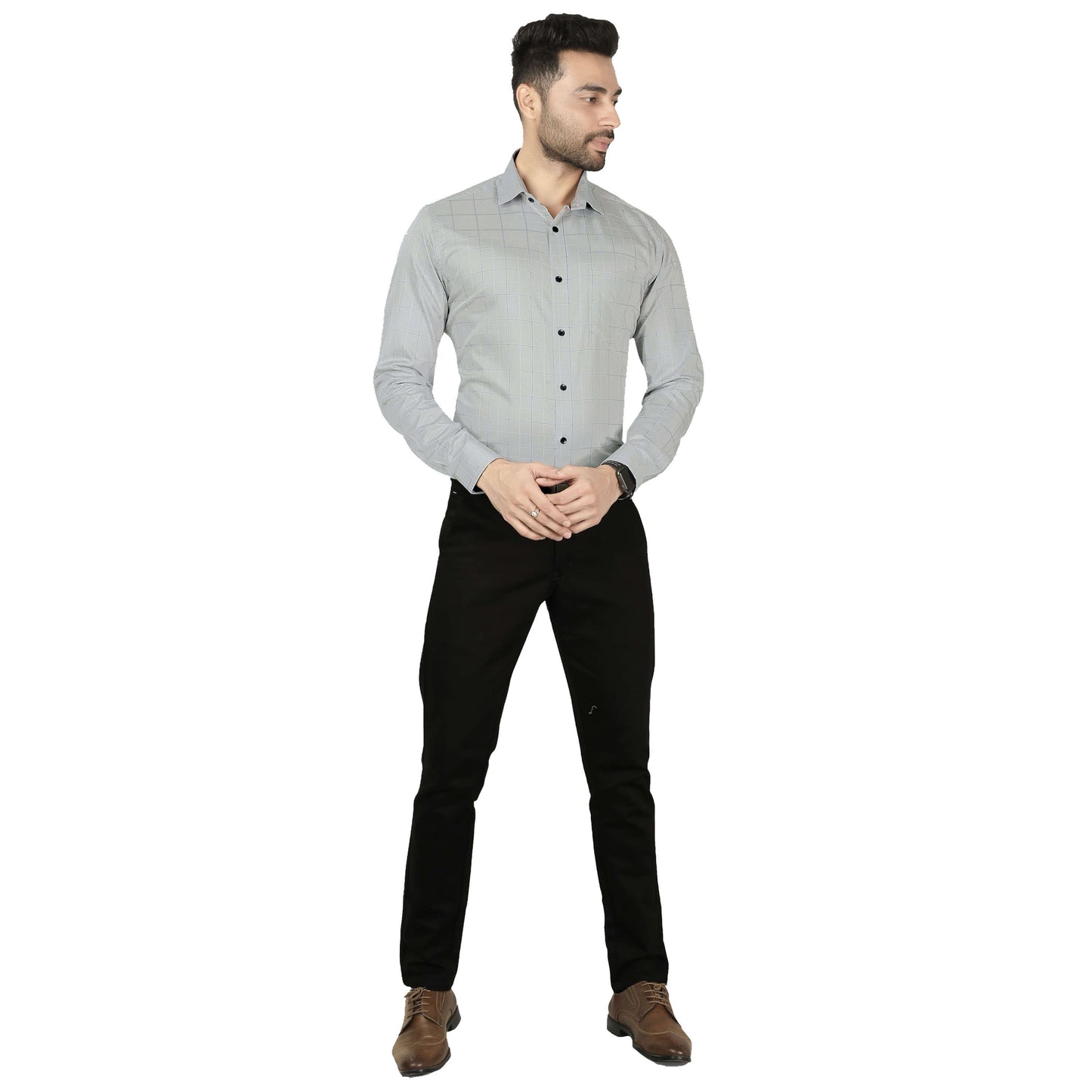 5thanfold Men's Formal Pure Cotton Full Sleeve Checkered Grey Slim Fit Shirt