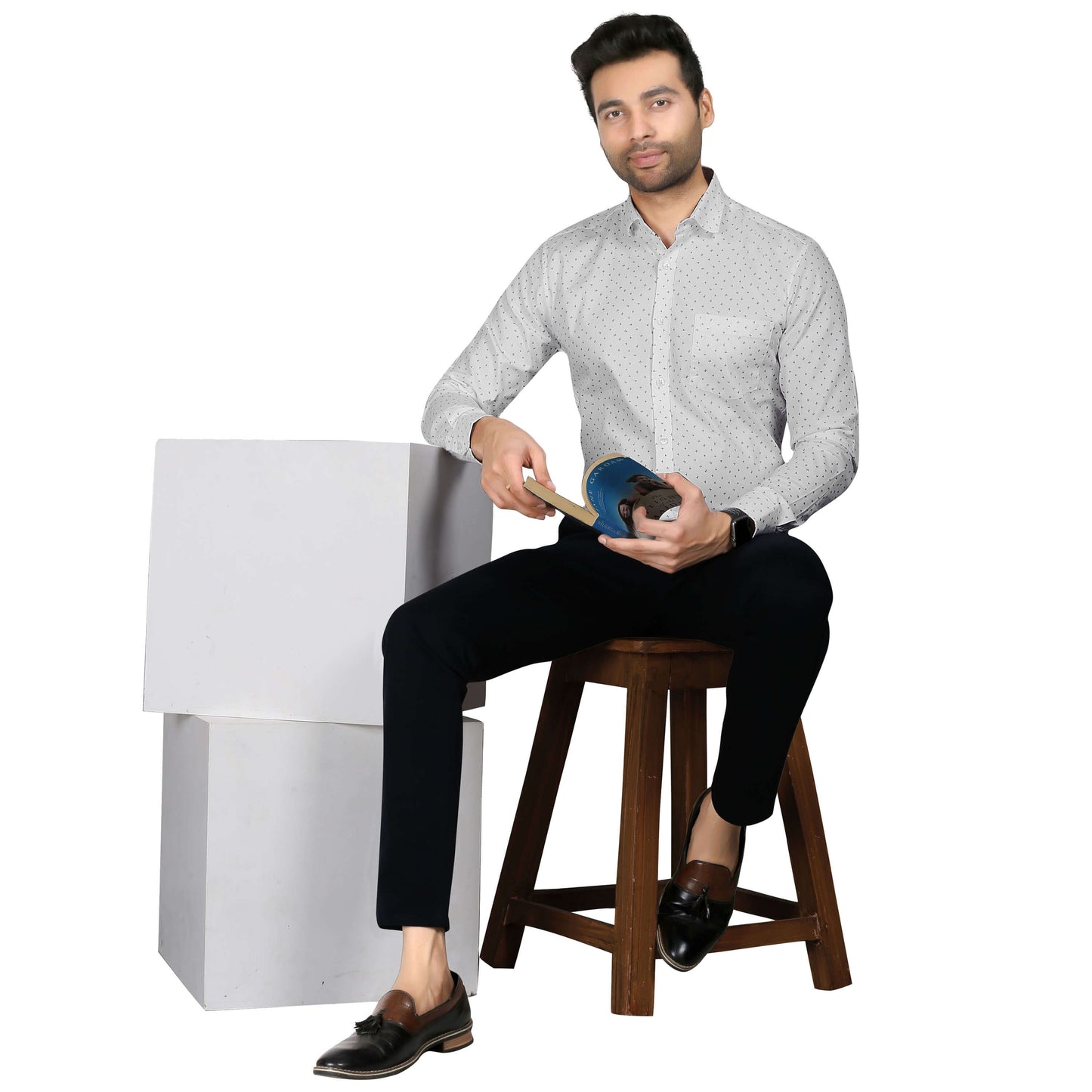5thanfold Men's Formal Pure Cotton Full Sleeve Printed White Slim Fit Shirt