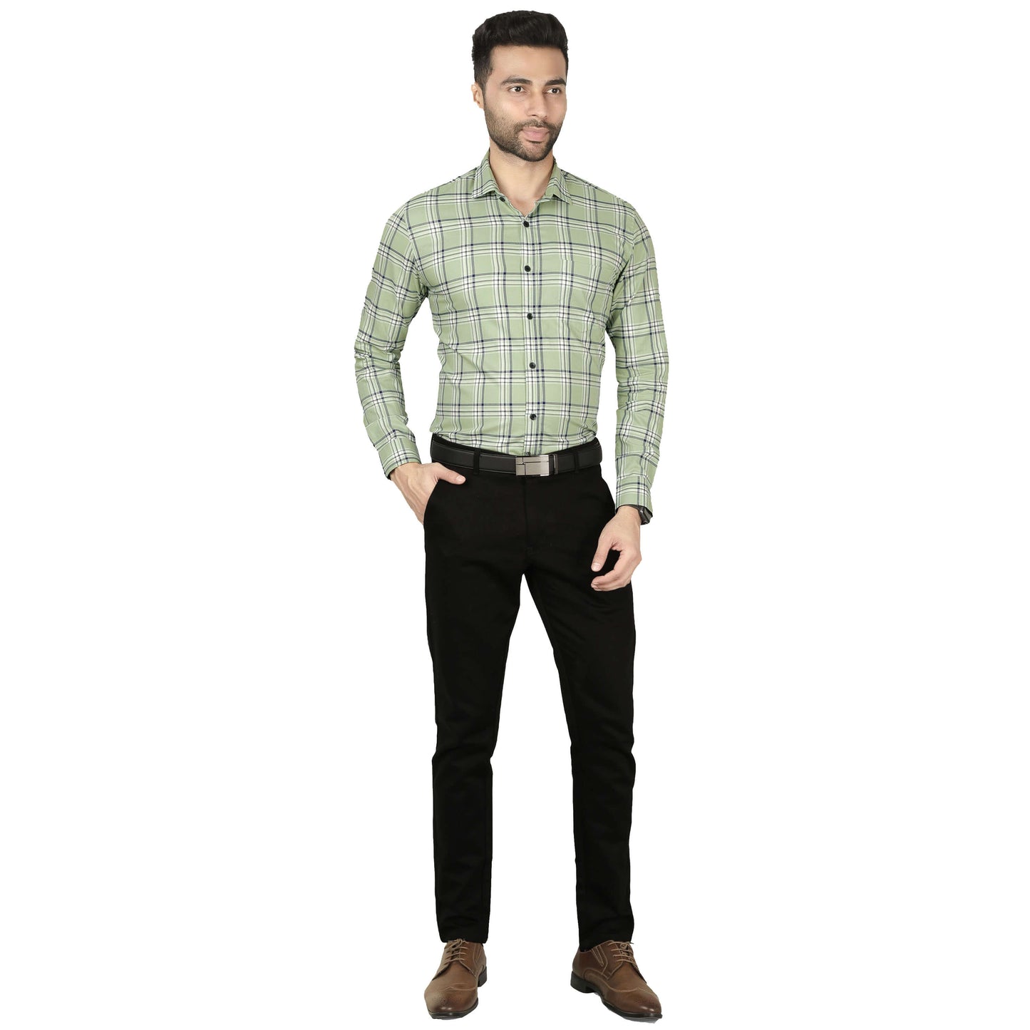 5thanfold Men's Formal Pure Cotton Full Sleeve Checkered Pista green Slim Fit Shirt