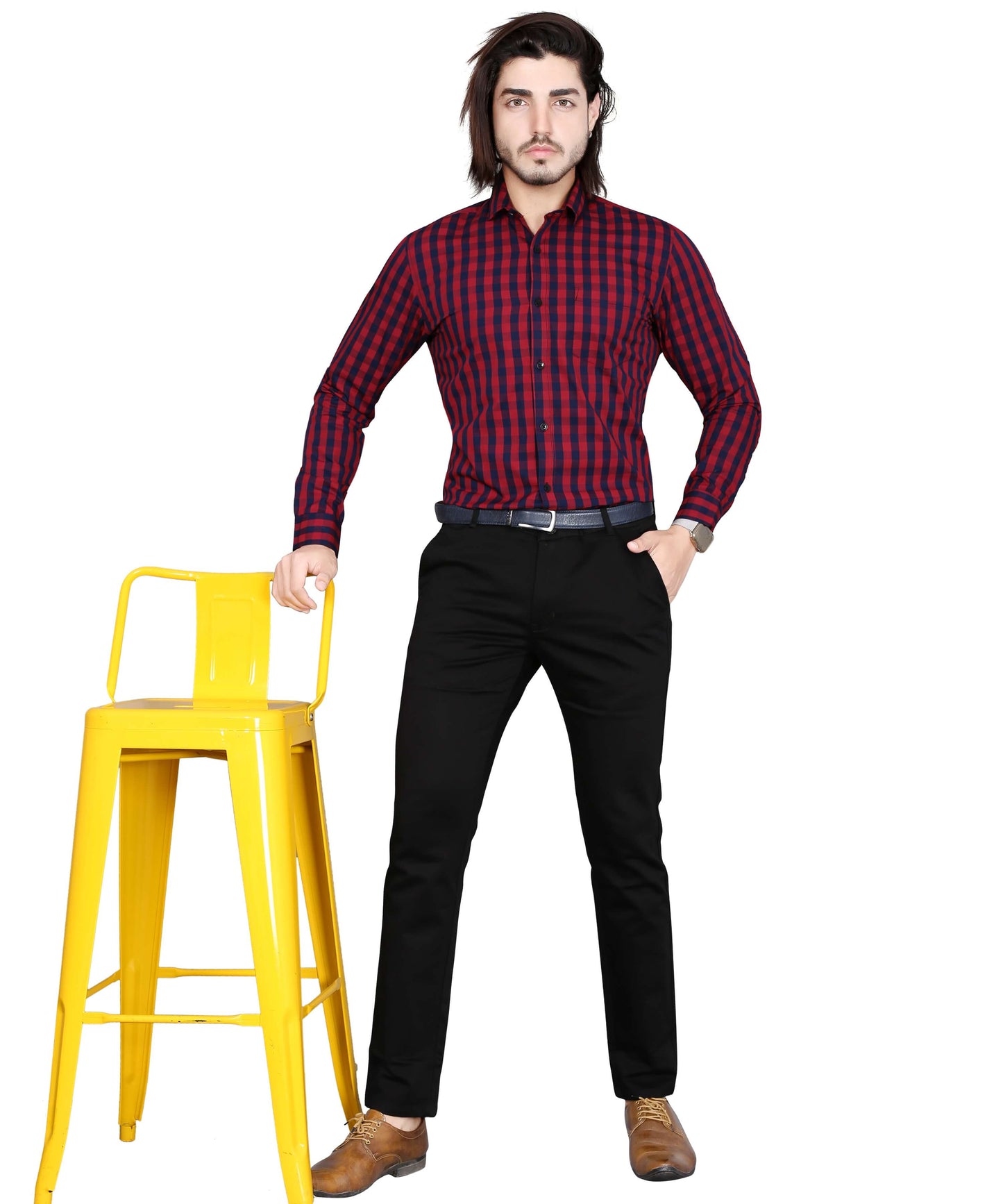 5thanfold Men's Formal Pure Cotton Full Sleeve Checkered Red Slim Fit Shirt
