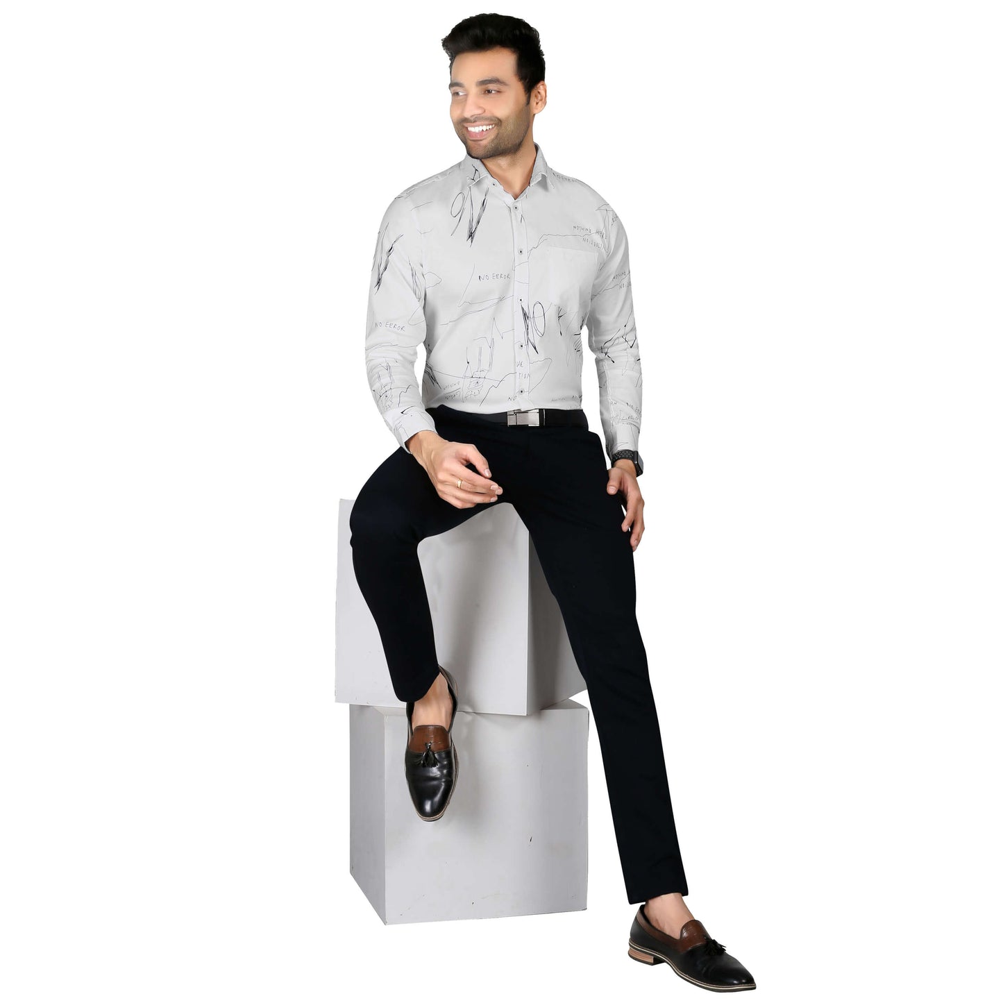 5thanfold Men's Formal Pure Cotton Full Sleeve Printed White Slim Fit Shirt