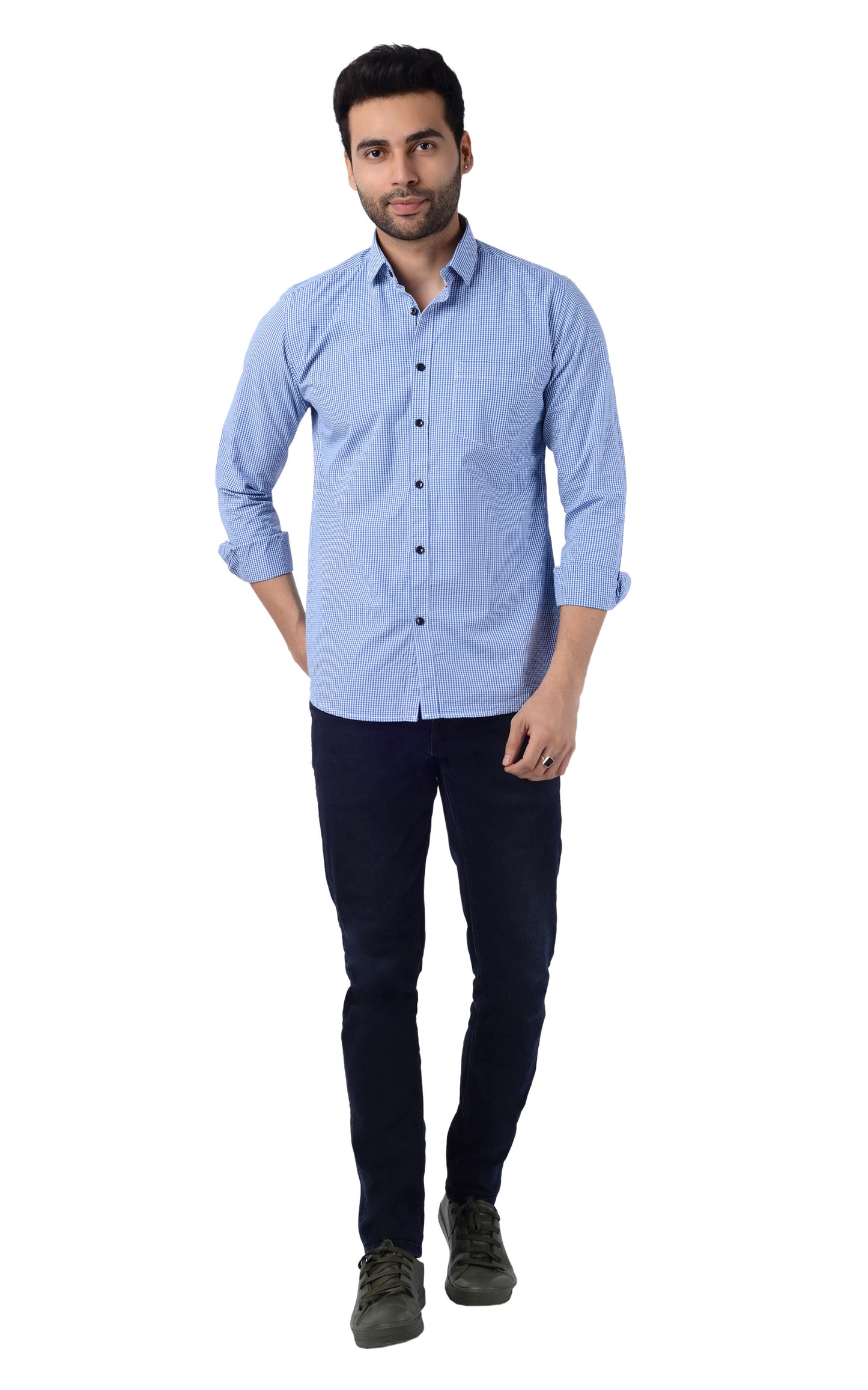 5thanfold Men's Casual Pure Cotton Full Sleeve Checkered Blue Slim Fit Shirt
