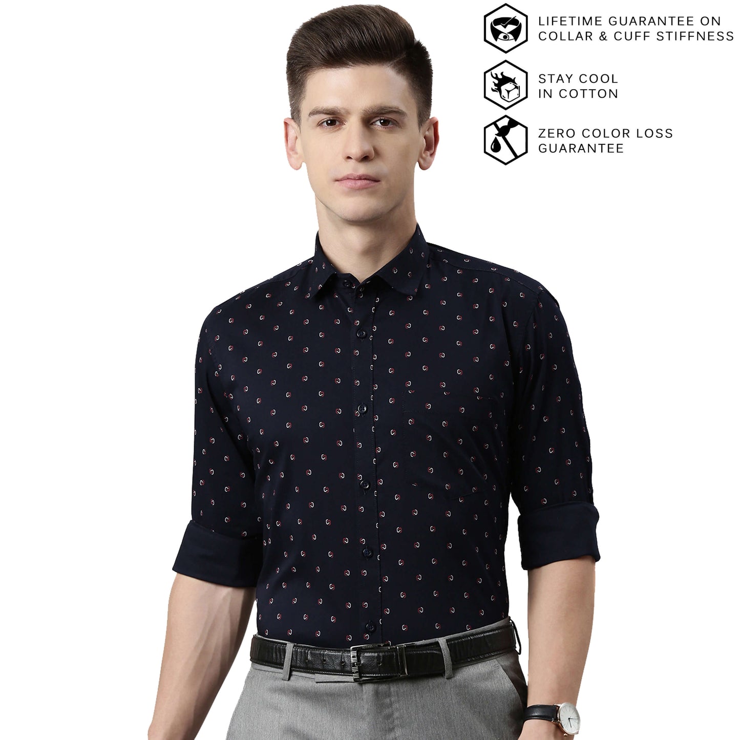 5thanfold Men's Formal Pure Cotton Full Sleeve Printed Dark Blue Slim Fit Shirt