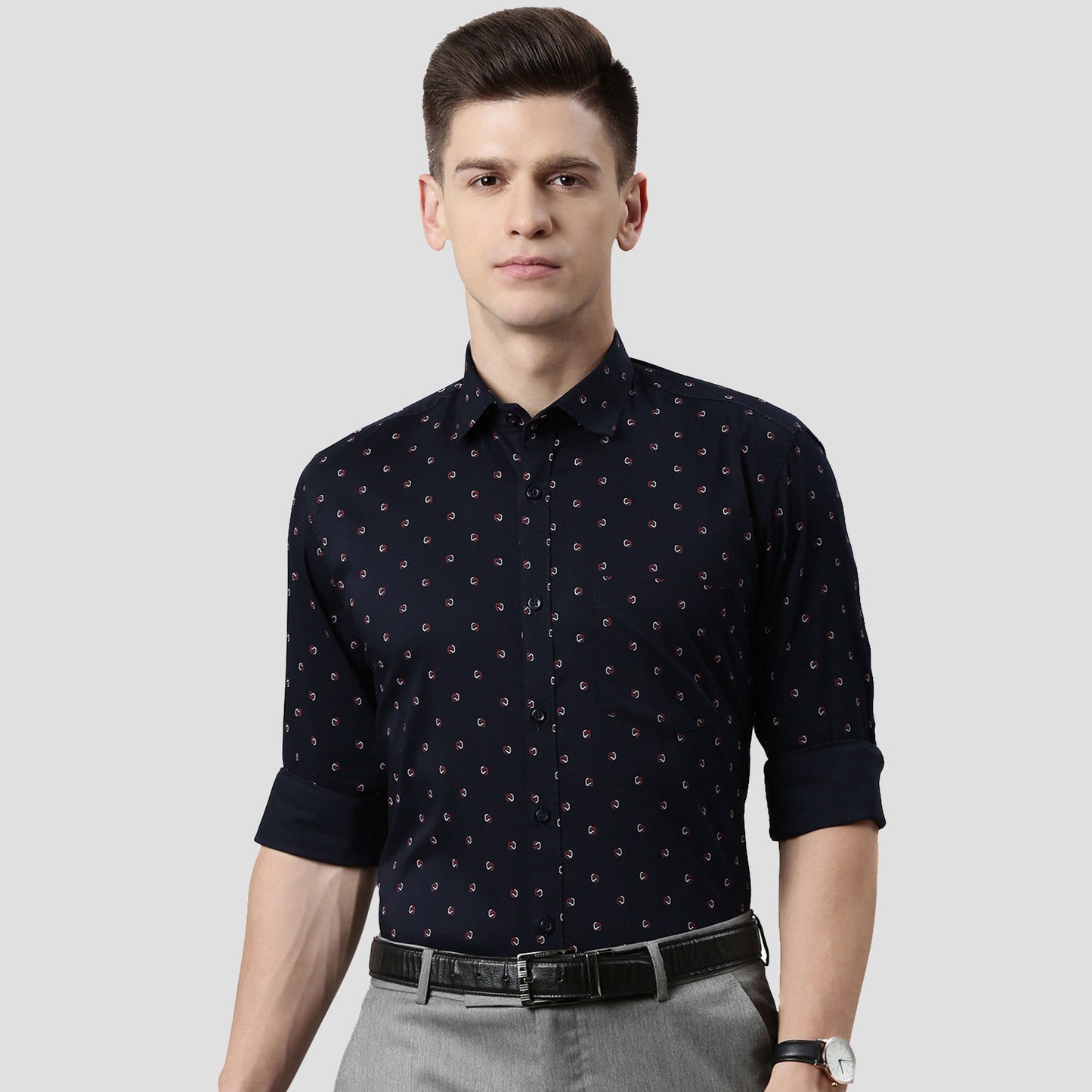 5thanfold Men's Formal Pure Cotton Full Sleeve Printed Dark Blue Slim Fit Shirt