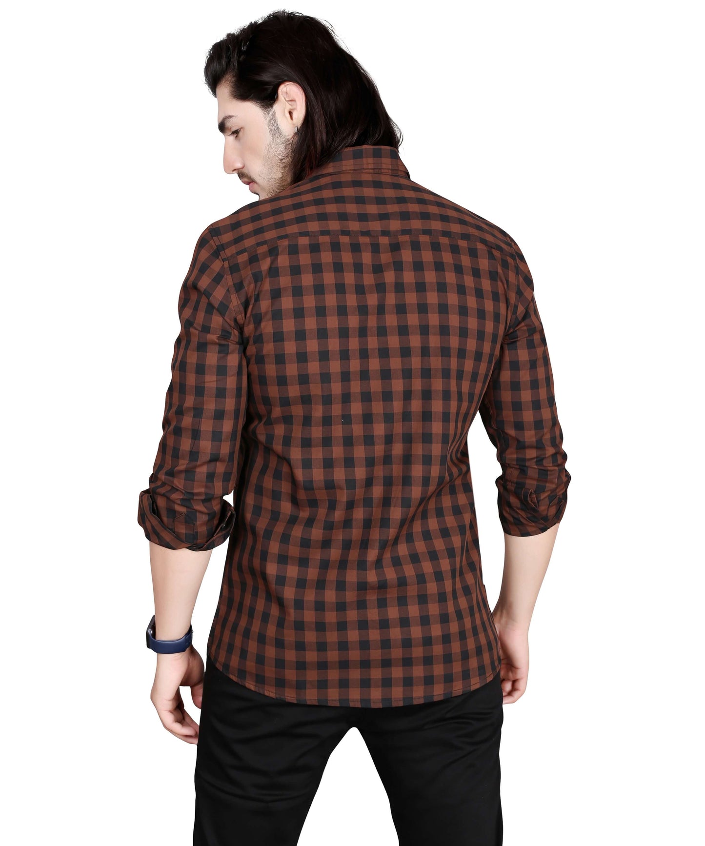 5thanfold Men's Casual Pure Cotton Full Sleeve Checkered Brown Slim Fit Shirt