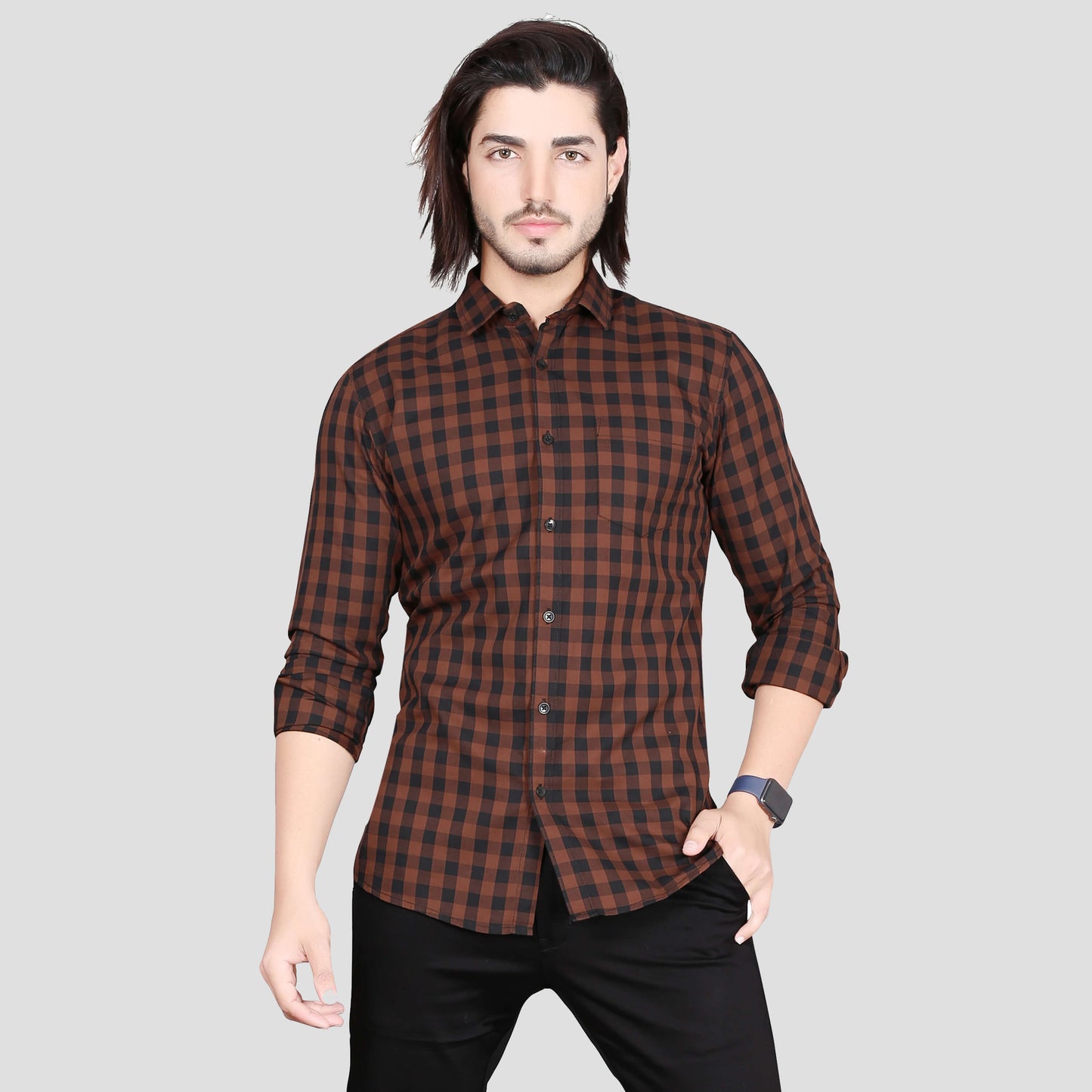 5thanfold Men's Casual Pure Cotton Full Sleeve Checkered Brown Slim Fit Shirt