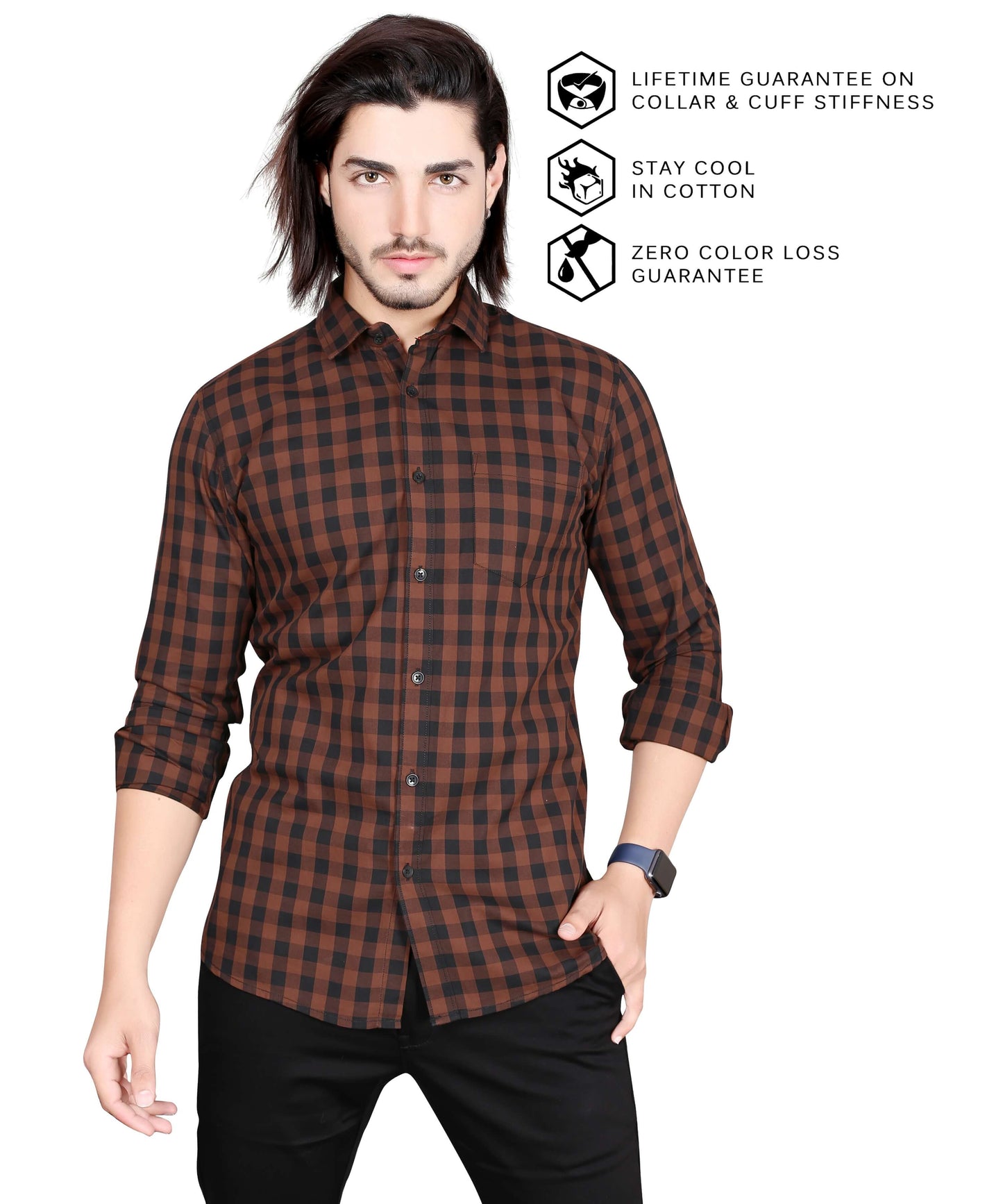 5thanfold Men's Casual Pure Cotton Full Sleeve Checkered Brown Slim Fit Shirt