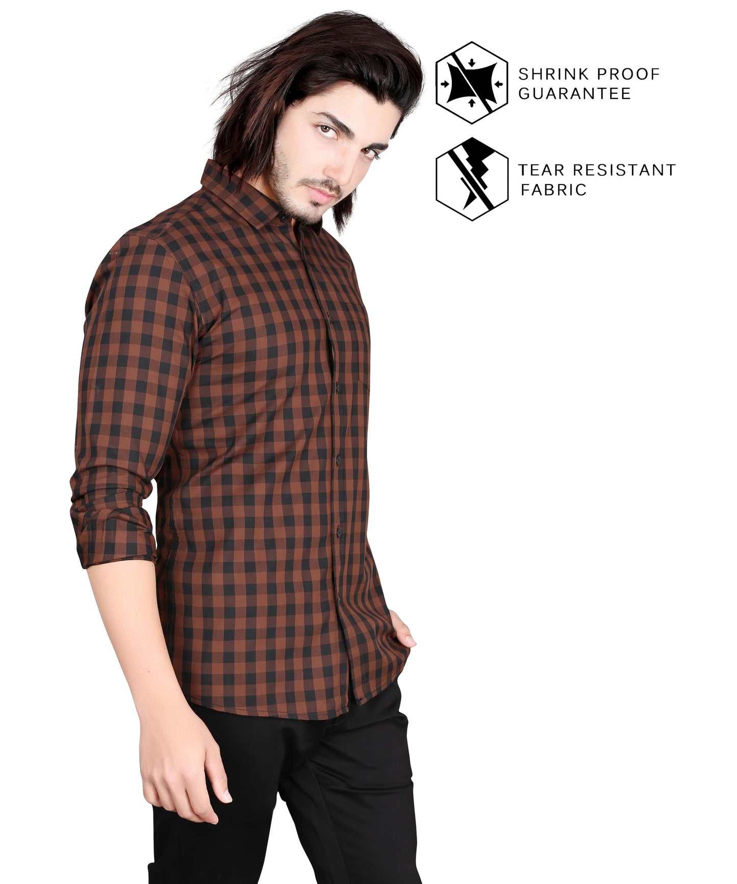 5thanfold Men's Casual Pure Cotton Full Sleeve Checkered Brown Slim Fit Shirt