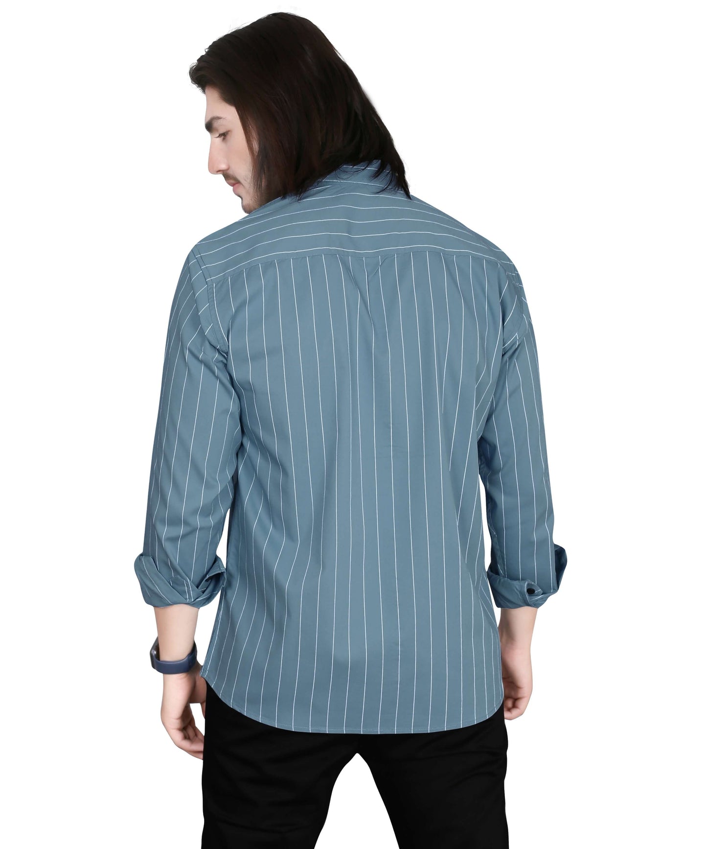 5thanfold Men's Casual Pure Cotton Full Sleeve Striped Sky Blue Slim Fit Shirt