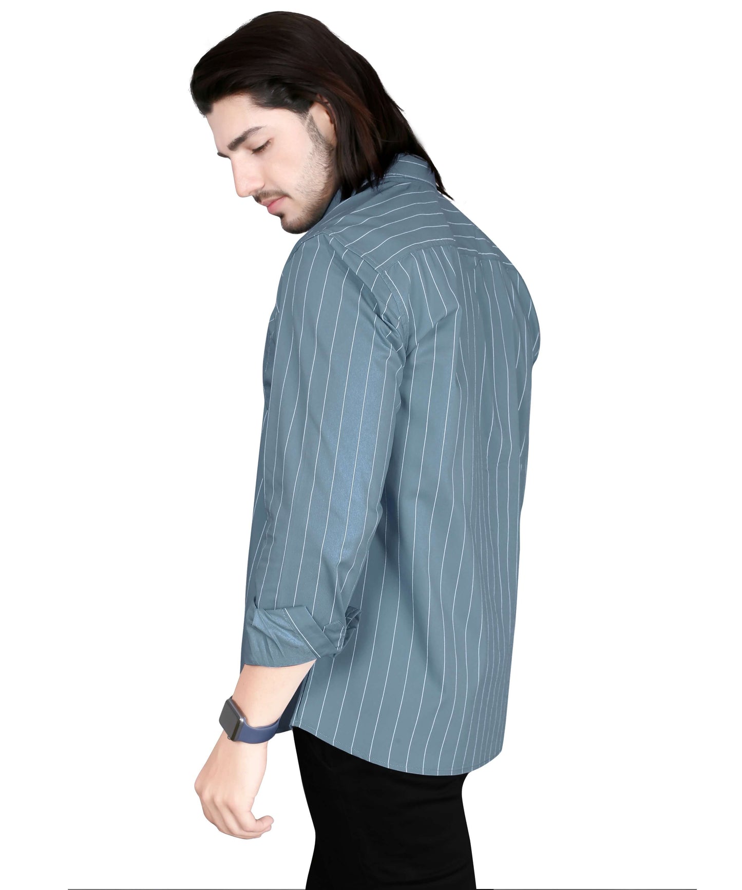 5thanfold Men's Casual Pure Cotton Full Sleeve Striped Sky Blue Slim Fit Shirt